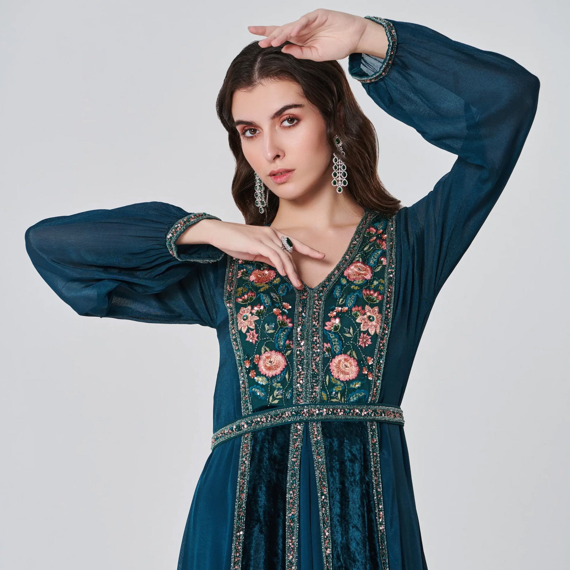 Petrol Crepe and Chiffon Embroidery Katrina Dress with Long Sleeves From Shalky