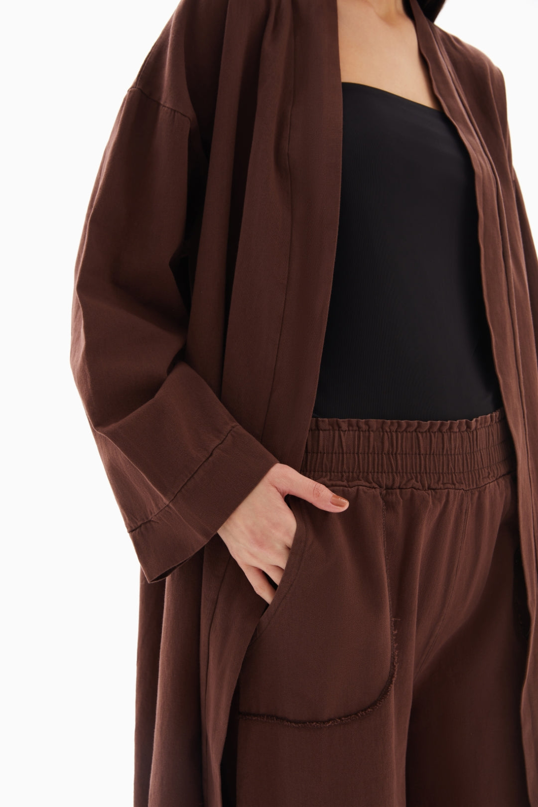 Brown Plain Set of Kimono with Trousers By WECRE8