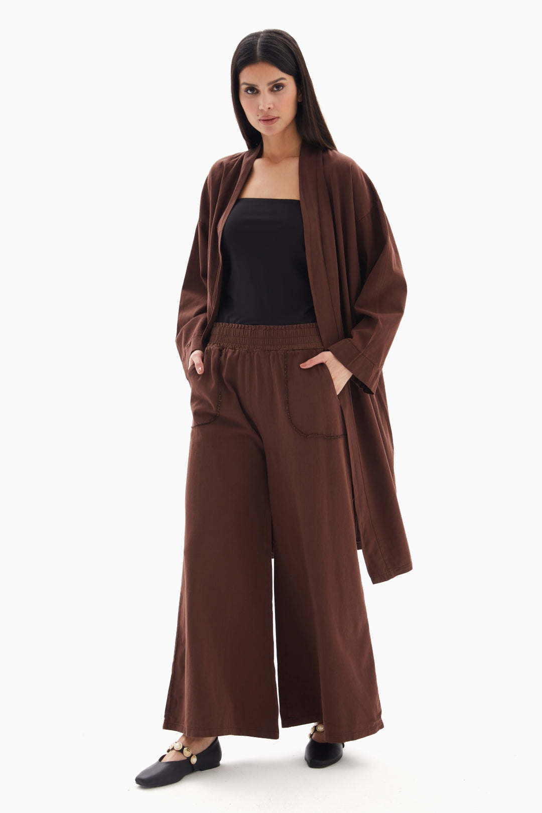 Brown Plain Set of Kimono with Trousers By WECRE8