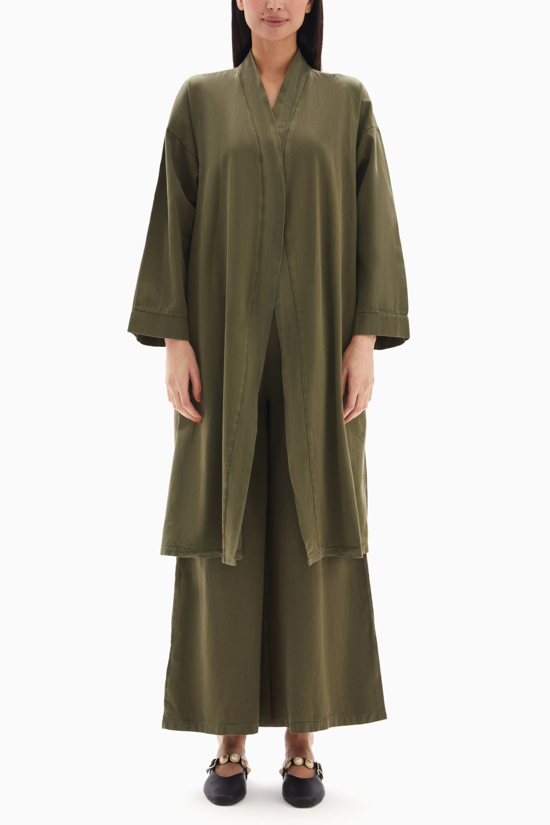 Khaki Green Plain Set of Kimono with Trousers By WECRE8