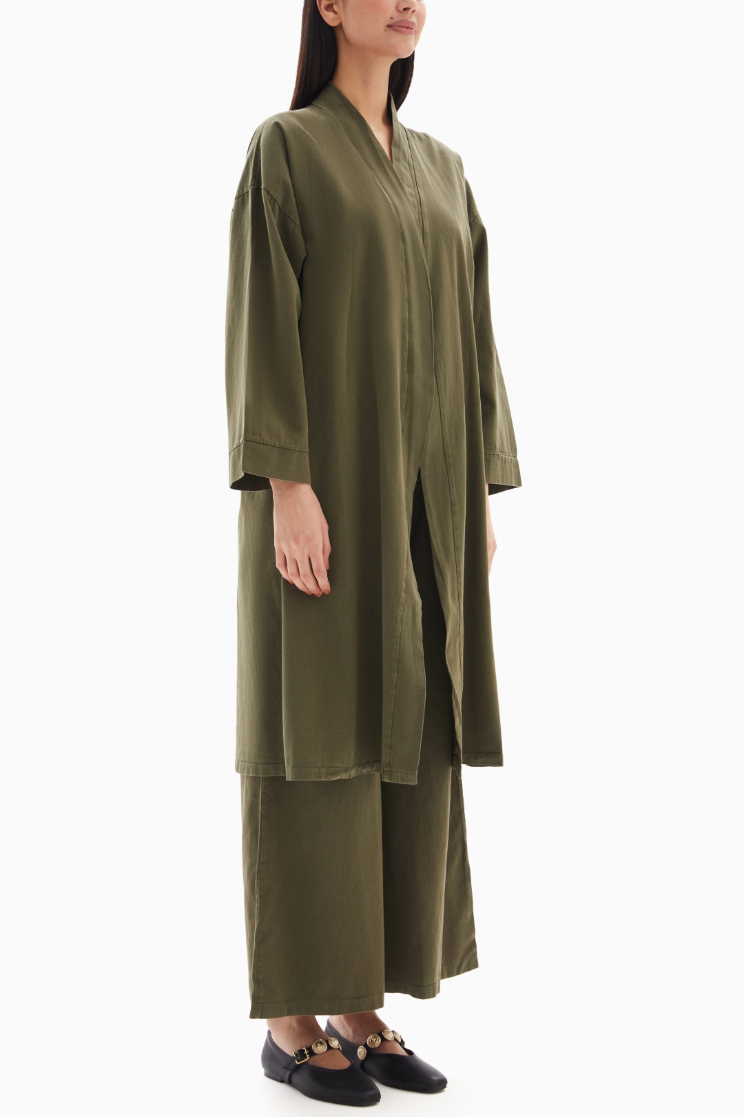 Khaki Green Plain Set of Kimono with Trousers By WECRE8