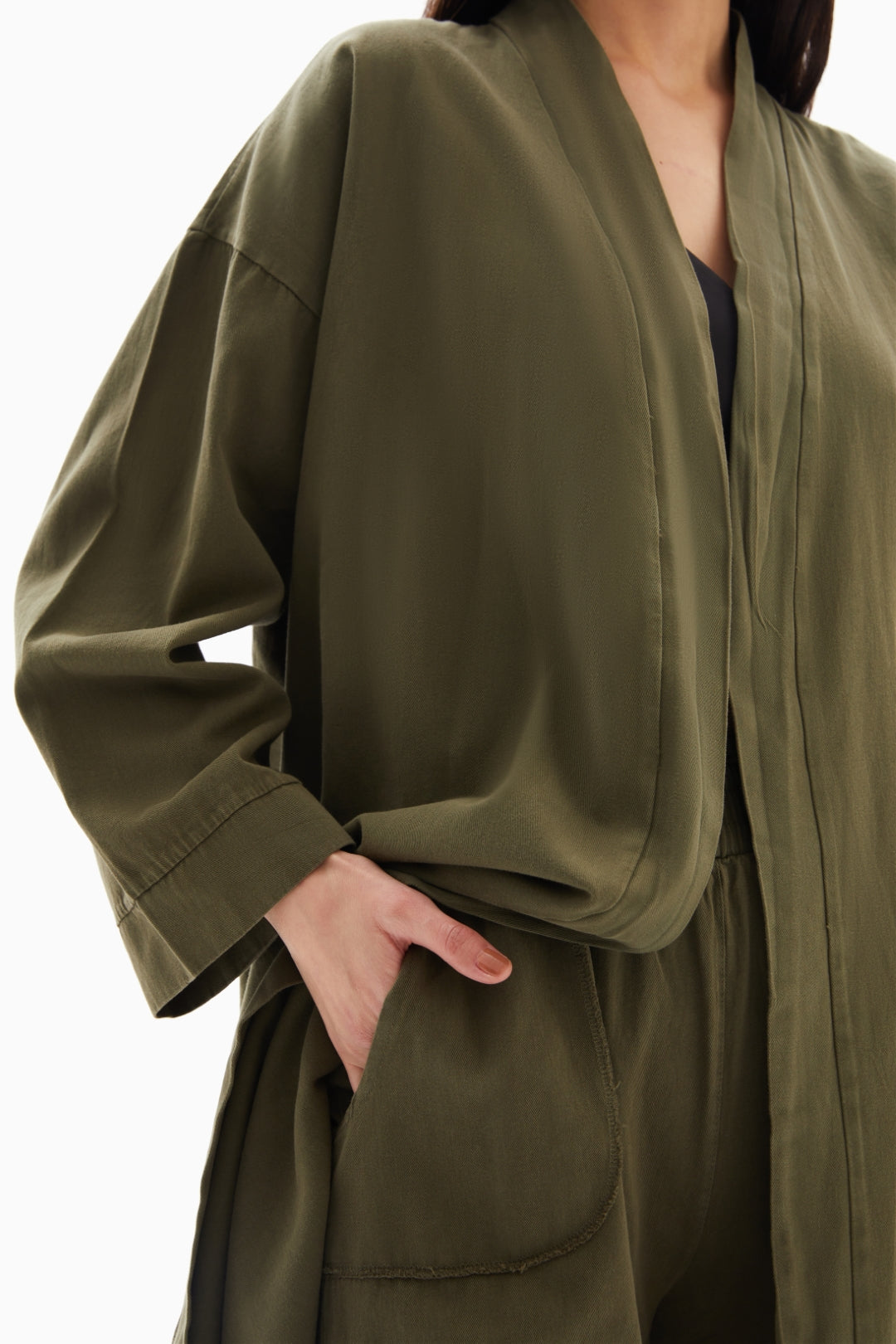 Khaki Green Plain Set of Kimono with Trousers By WECRE8