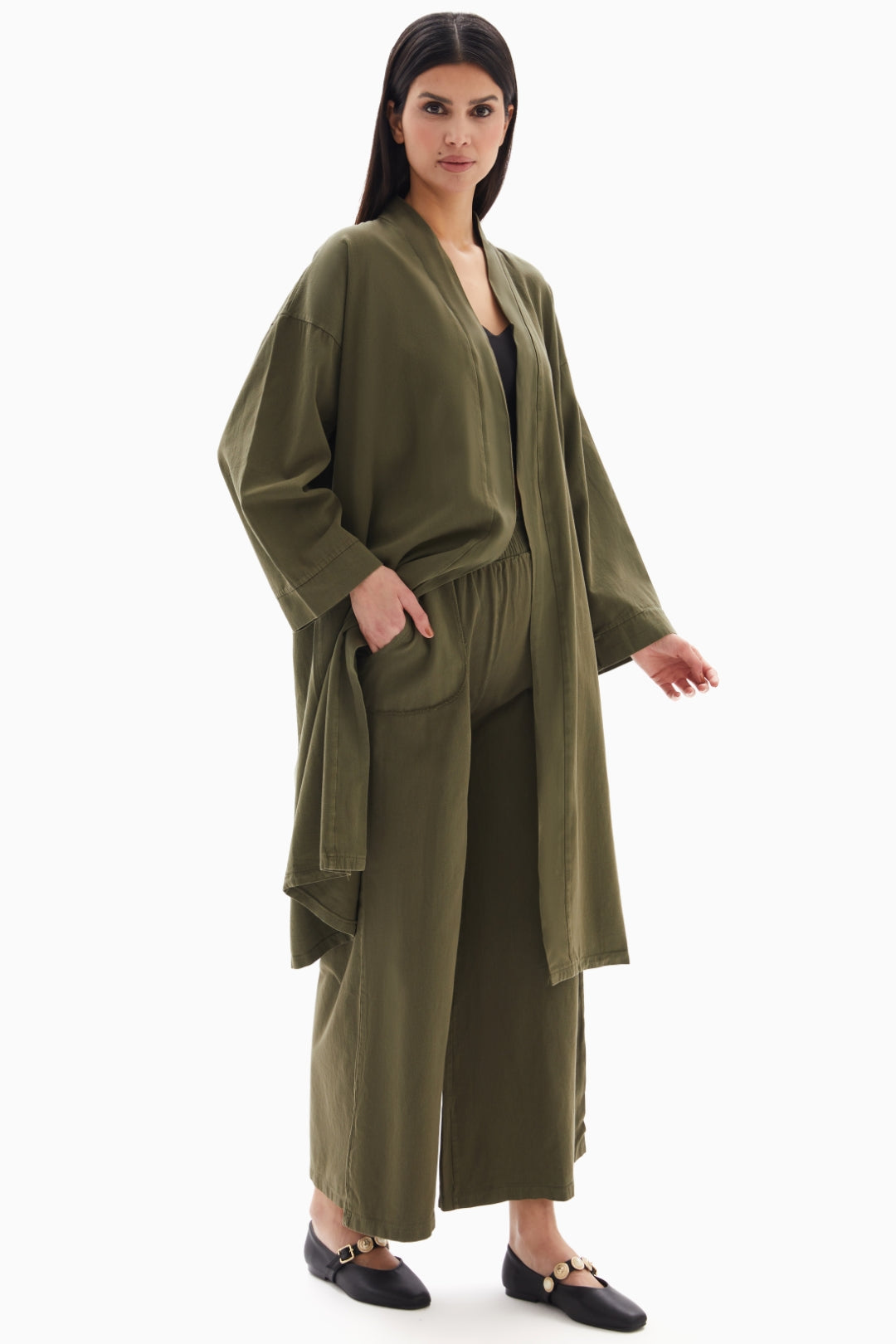 Khaki Green Plain Set of Kimono with Trousers By WECRE8