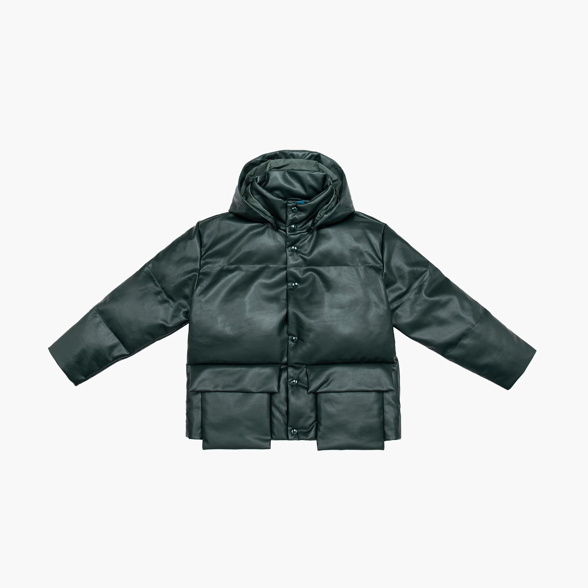 Unisex Dark Green Leather Puffer Jacket by Mazrood