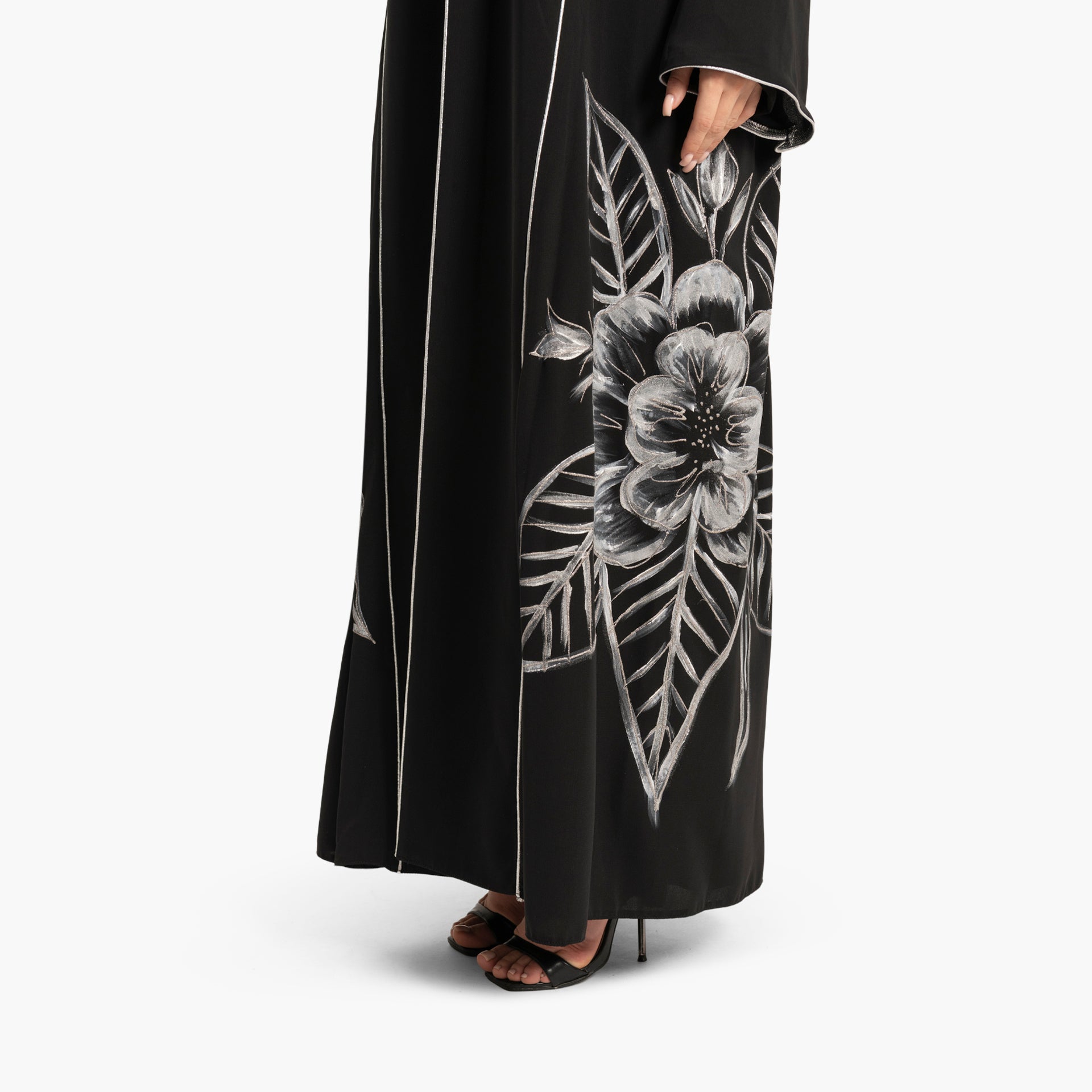 Women's Black with White Floral Design Abaya By WECRE8