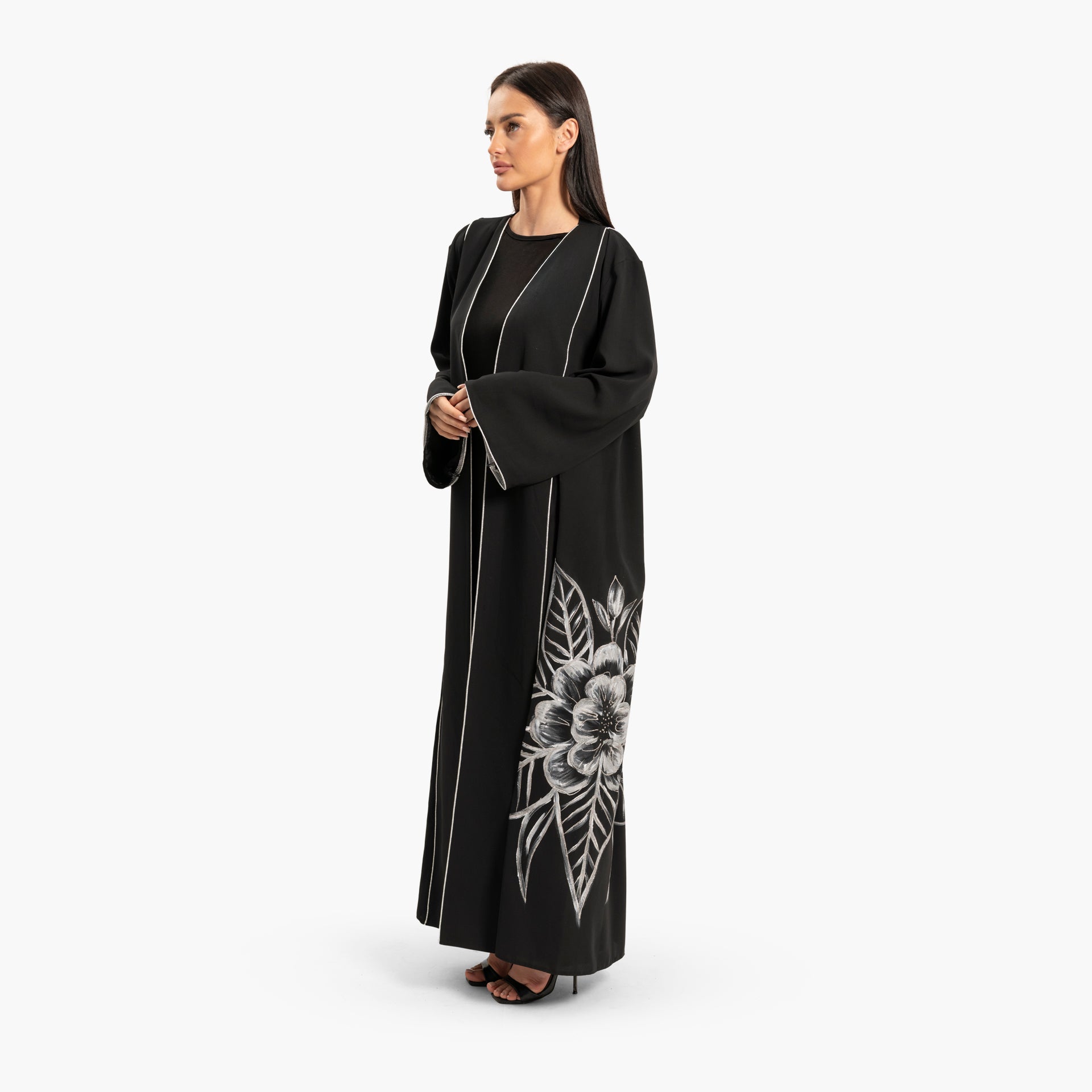 Women's Black with White Floral Design Abaya By WECRE8