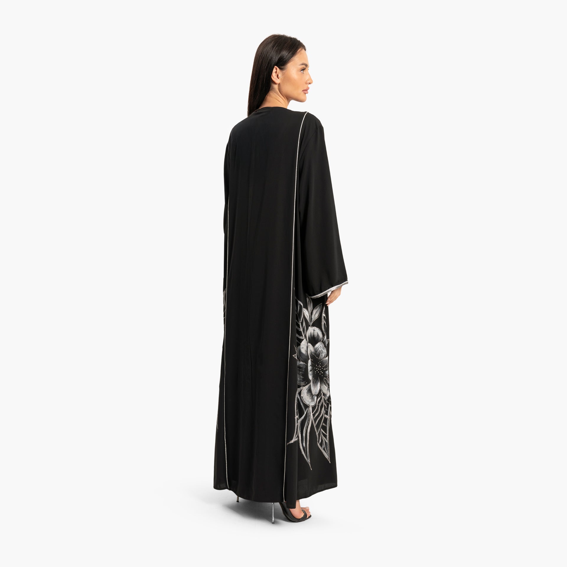 Women's Black with White Floral Design Abaya By WECRE8