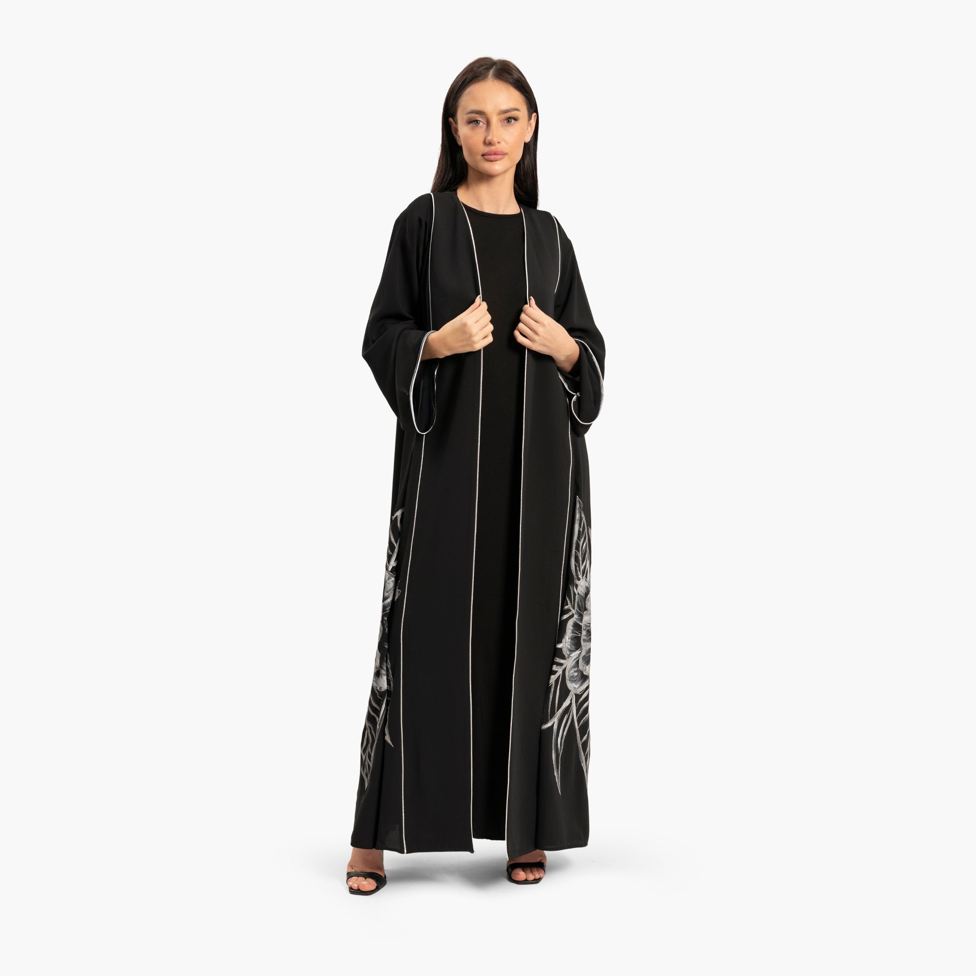 Women's Black with White Floral Design Abaya By WECRE8