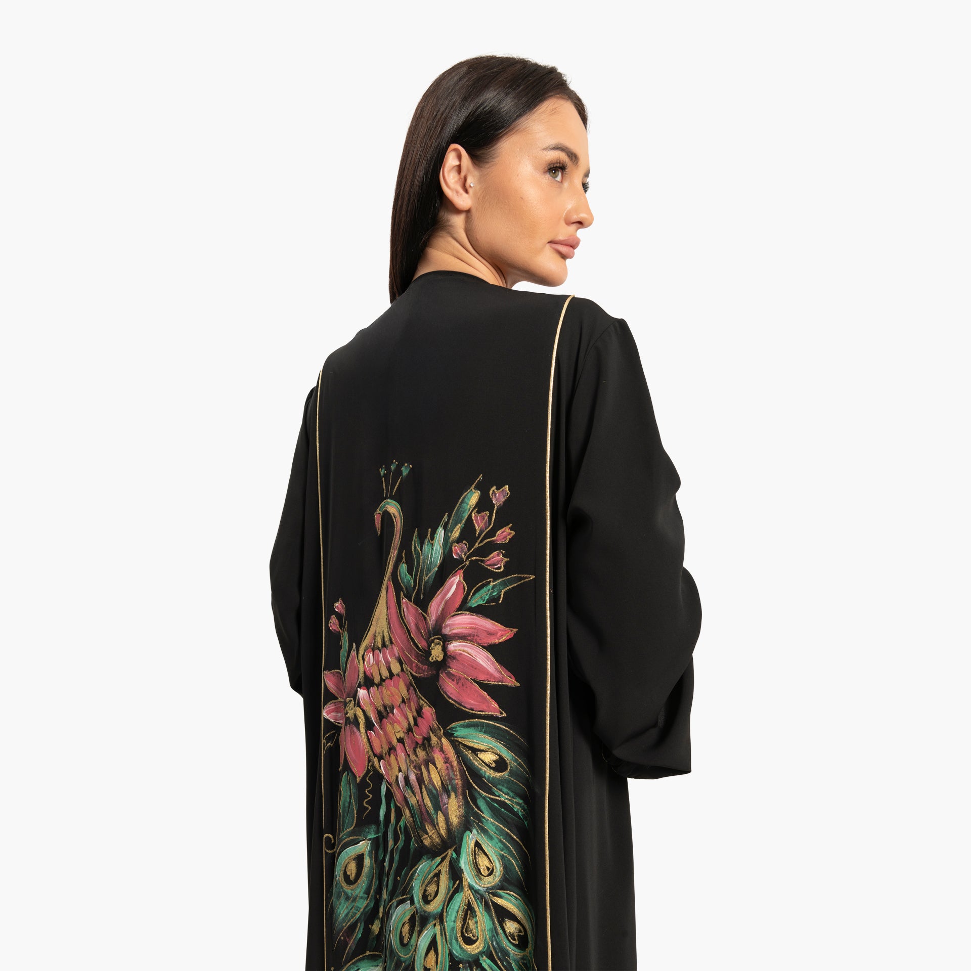 Women's Black with Peacock Print Abaya By WECRE8