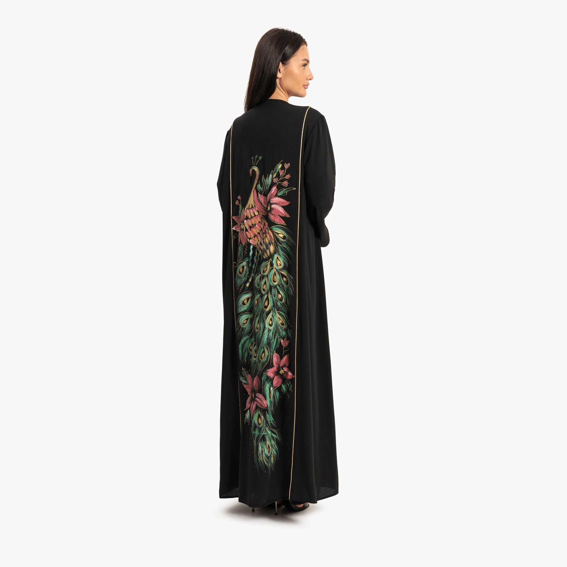 Women's Black with Peacock Print Abaya By WECRE8