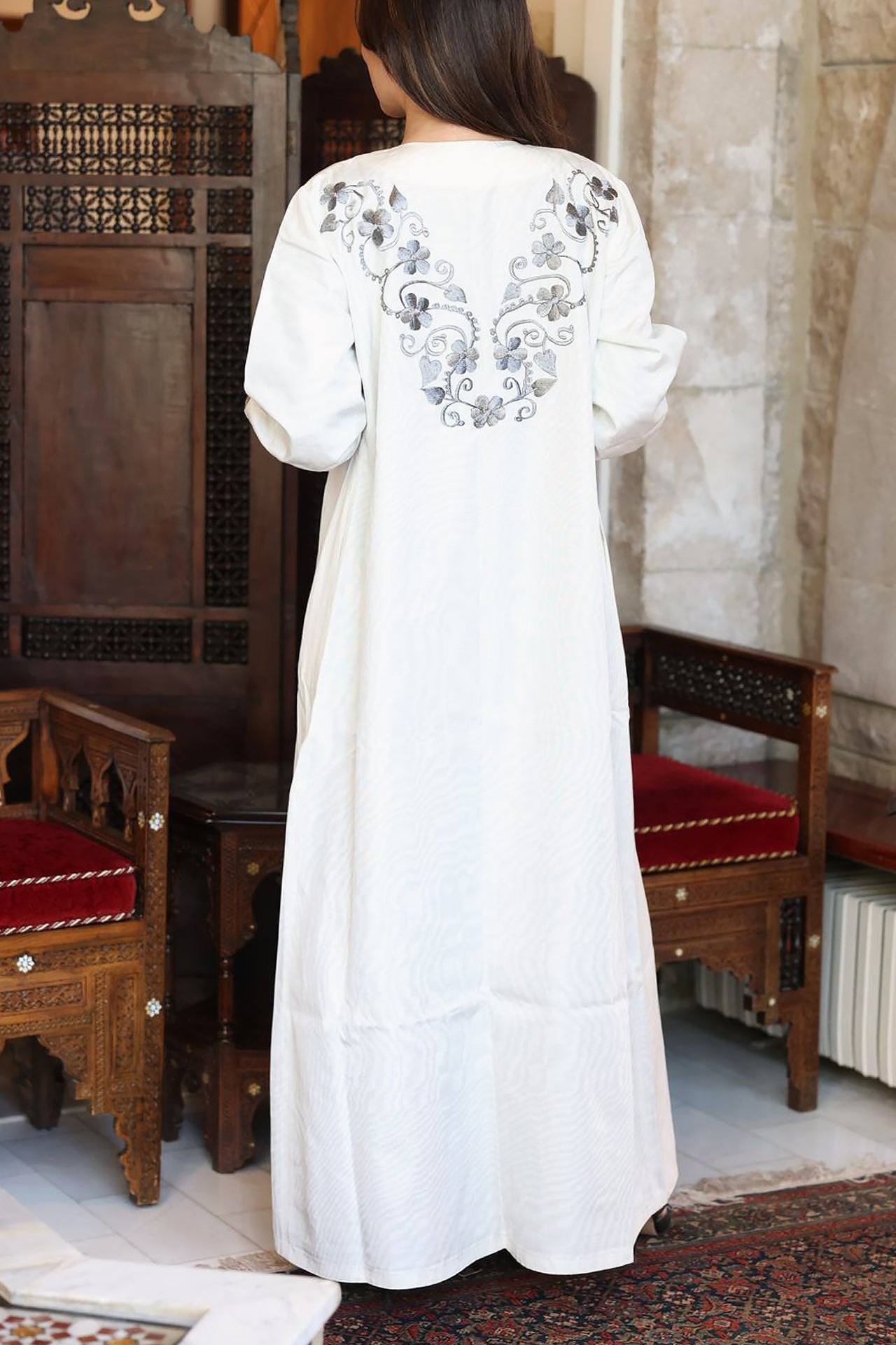 White Floral Kaftan by Nour Artisan