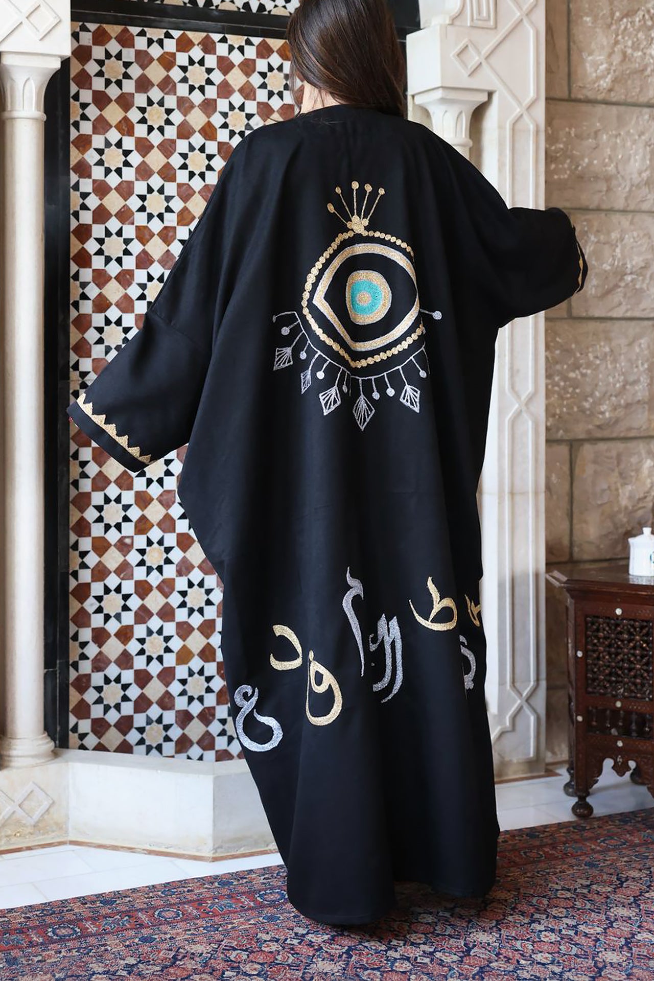 Black Arabic Embrodiary Abaya by Nour Artisan