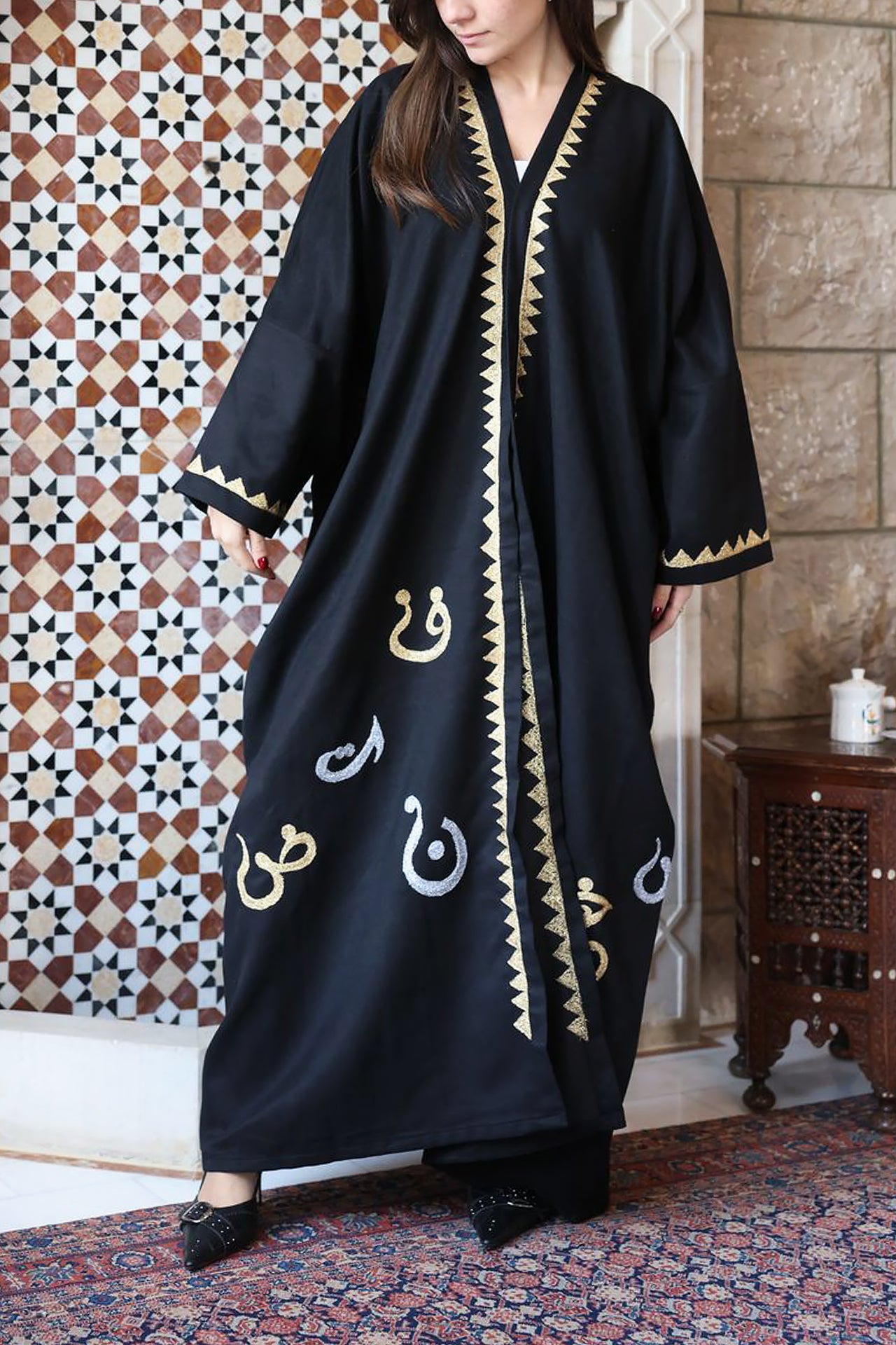 Black Arabic Embrodiary Abaya by Nour Artisan