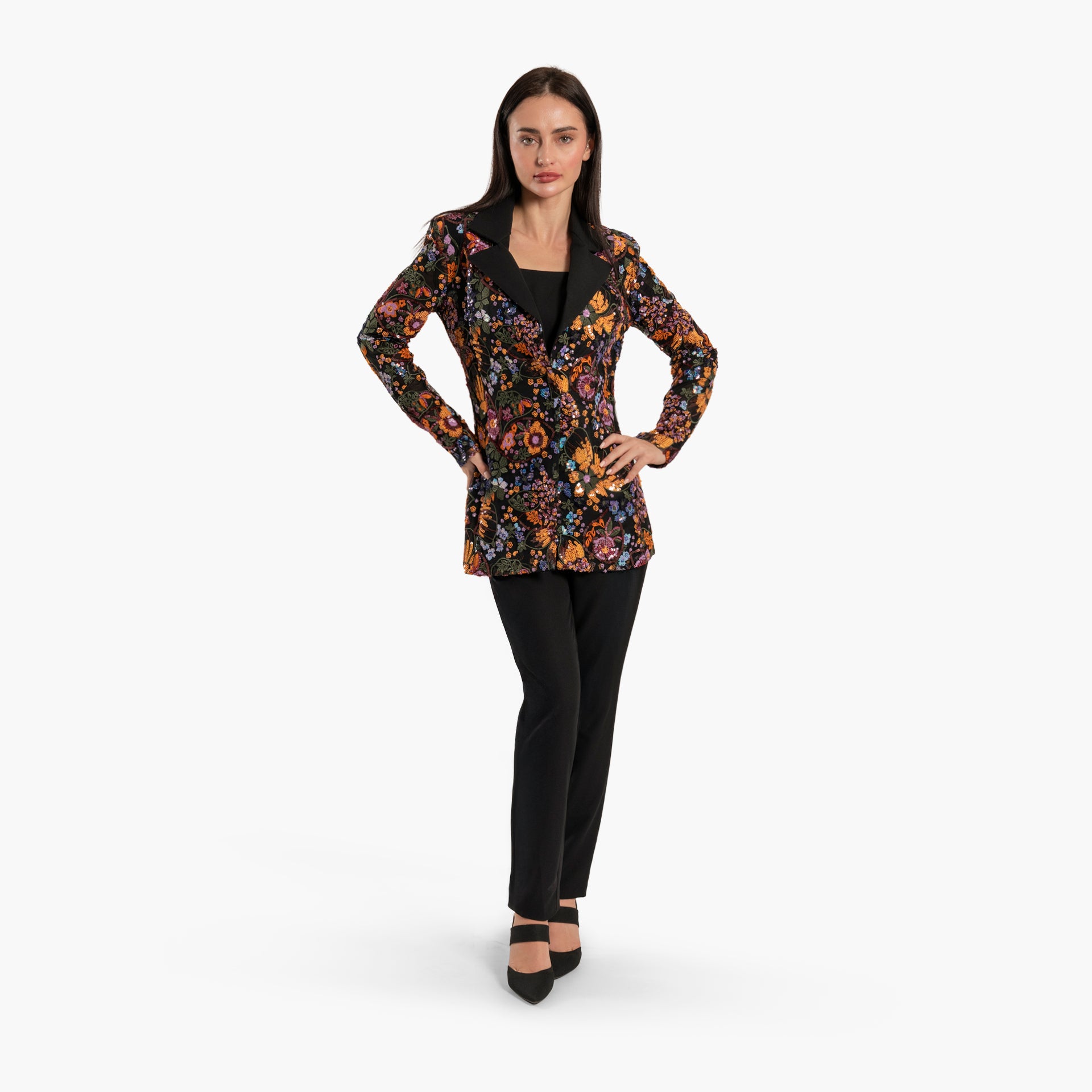 Women two-piece set of Black floral Blazer Jacket and Pants by WECRE8