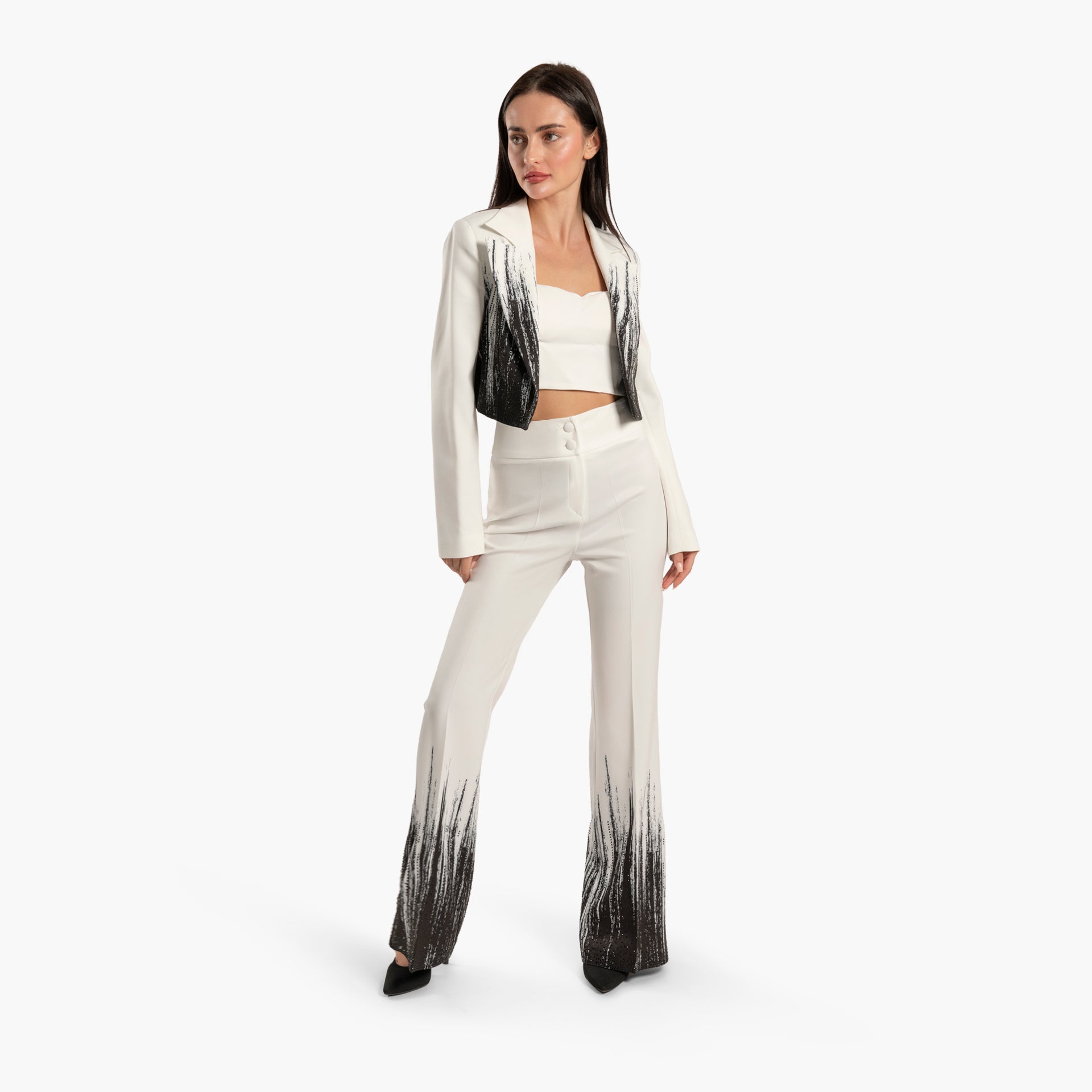 Women White Cropped Jacket and Top with Trousers Set by WECRE8