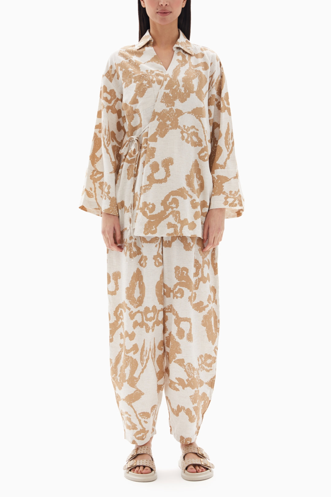 Beige Abstract Printed Set of Blouse with Trousers By WECRE8