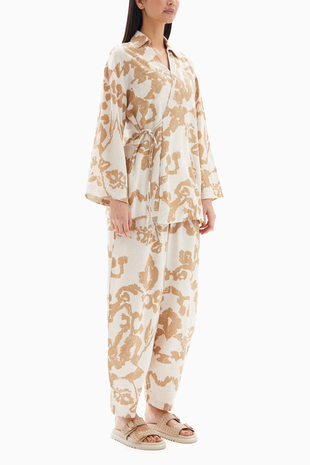 Beige Abstract Printed Set of Blouse with Trousers By WECRE8