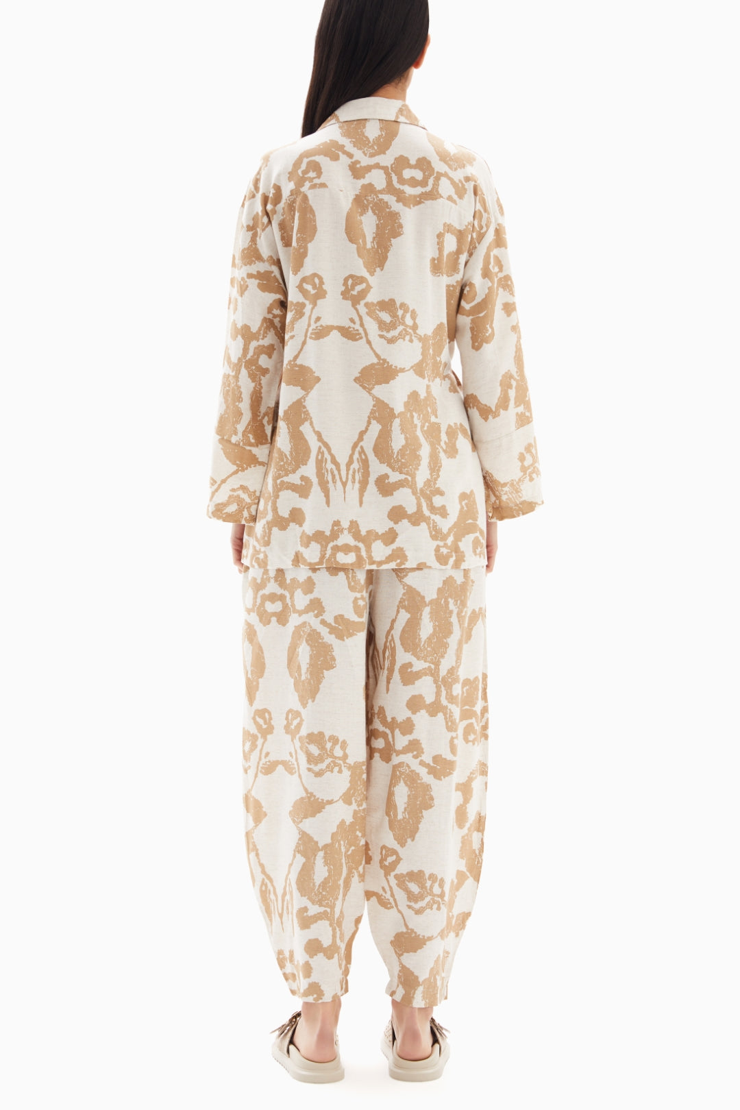 Beige Abstract Printed Set of Blouse with Trousers By WECRE8