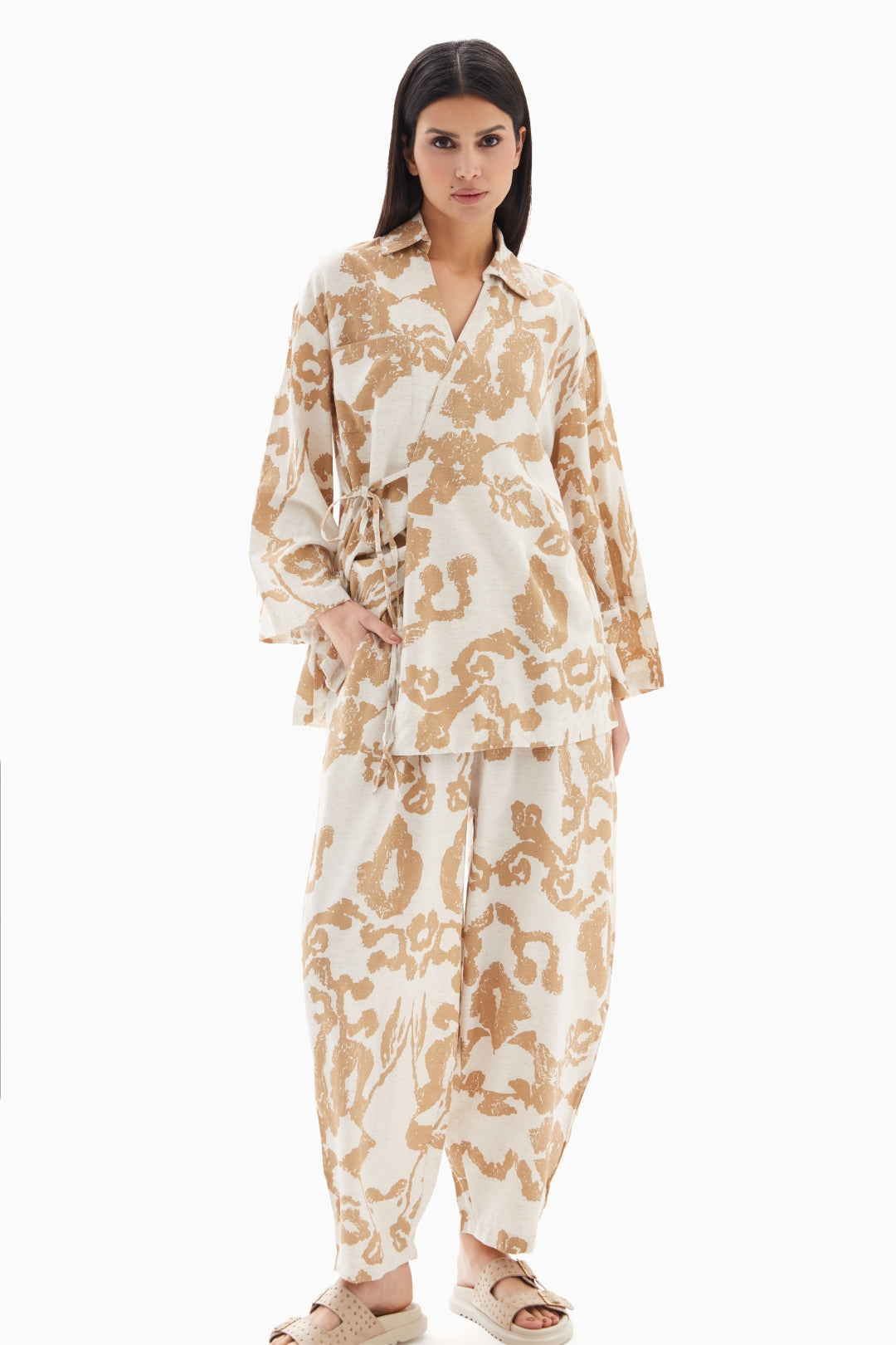 Beige Abstract Printed Set of Blouse with Trousers By WECRE8