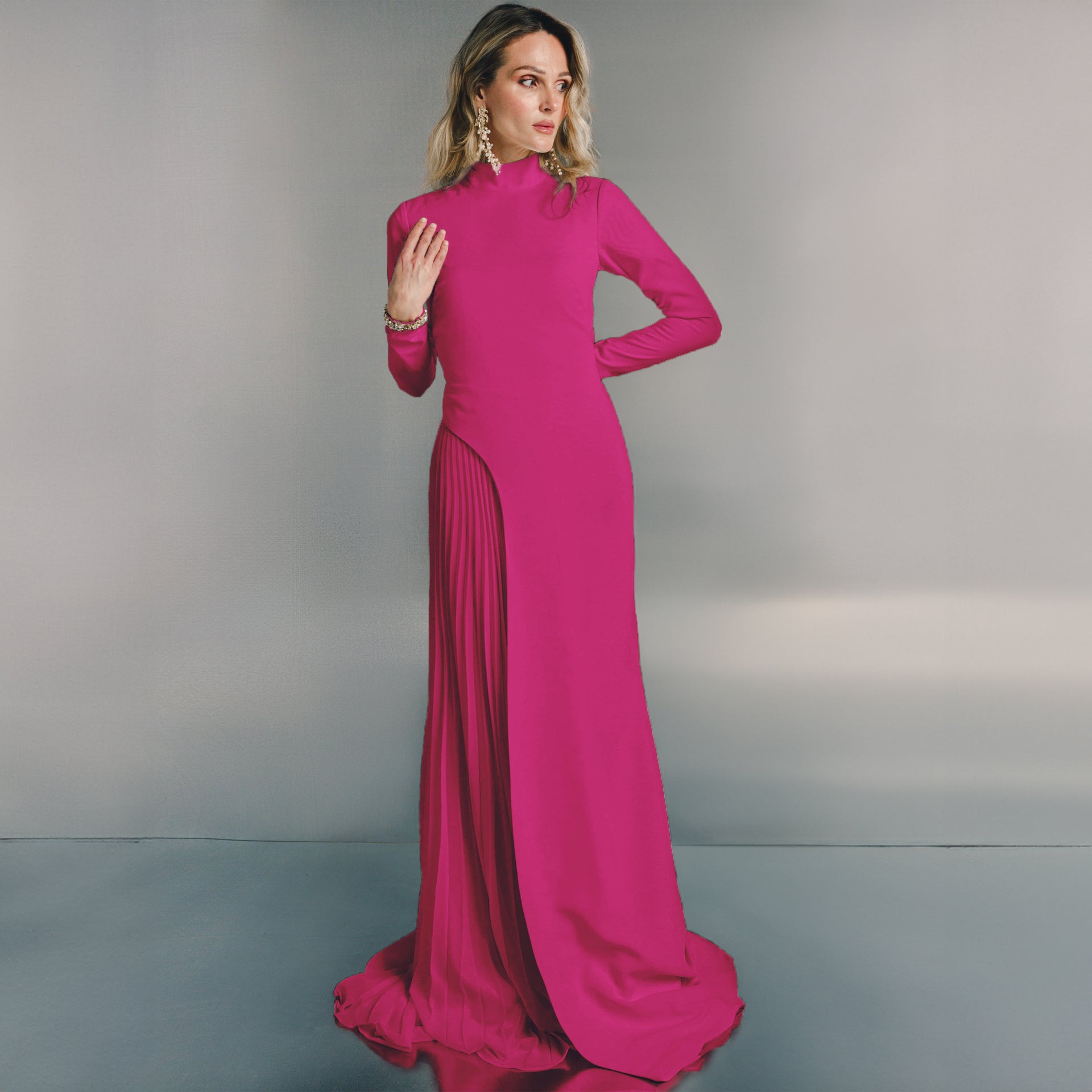 Pink Tailored Pleated Maxi Dress by Moonmains