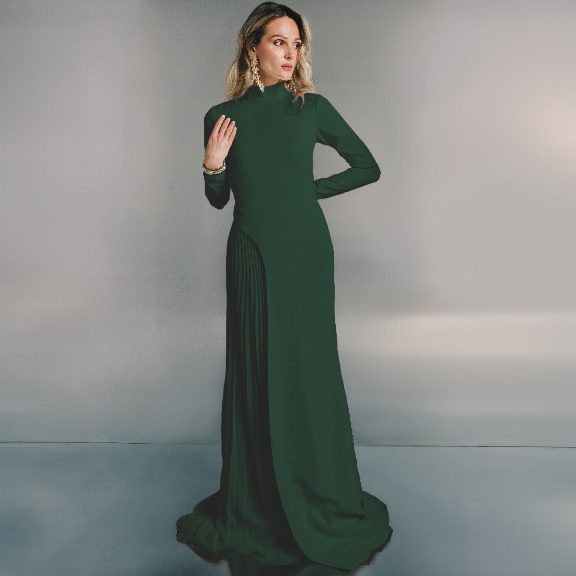 Green Tailored Pleated Maxi Dress by Moonmains