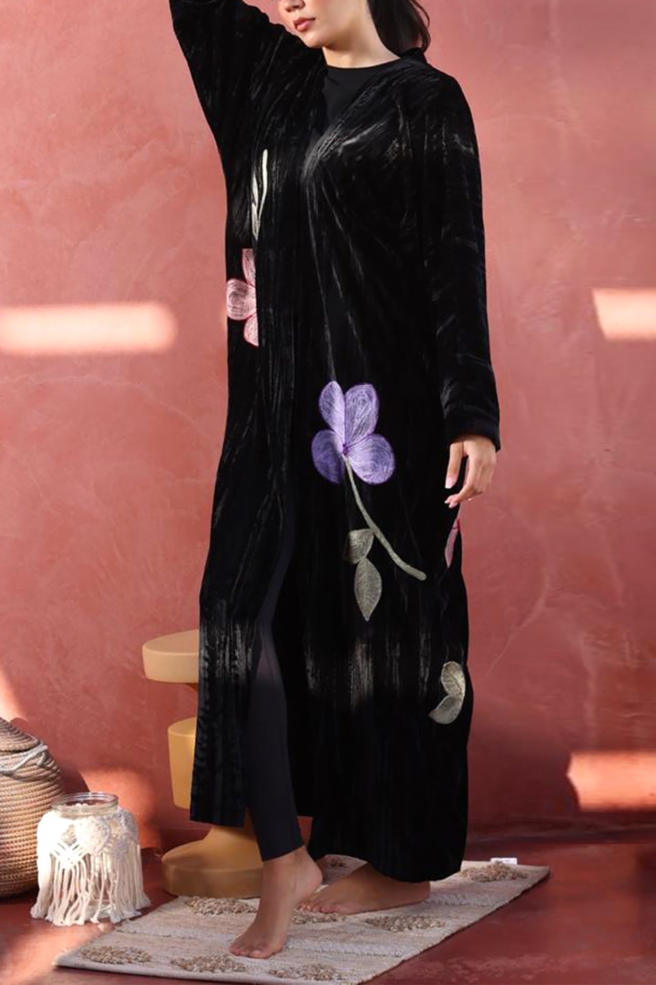 Velvet Black Floral Abaya by Nour Artisan