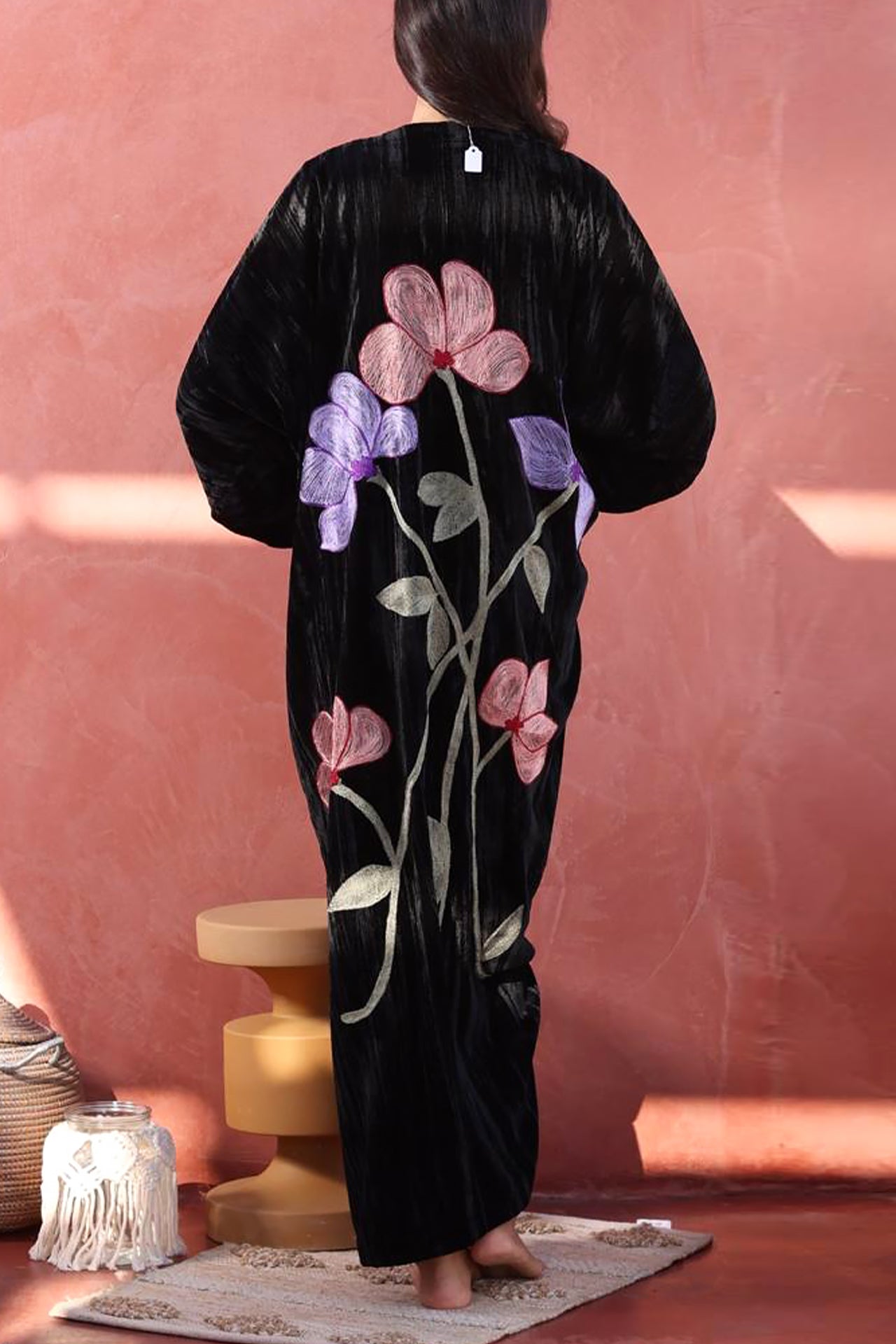 Velvet Black Floral Abaya by Nour Artisan