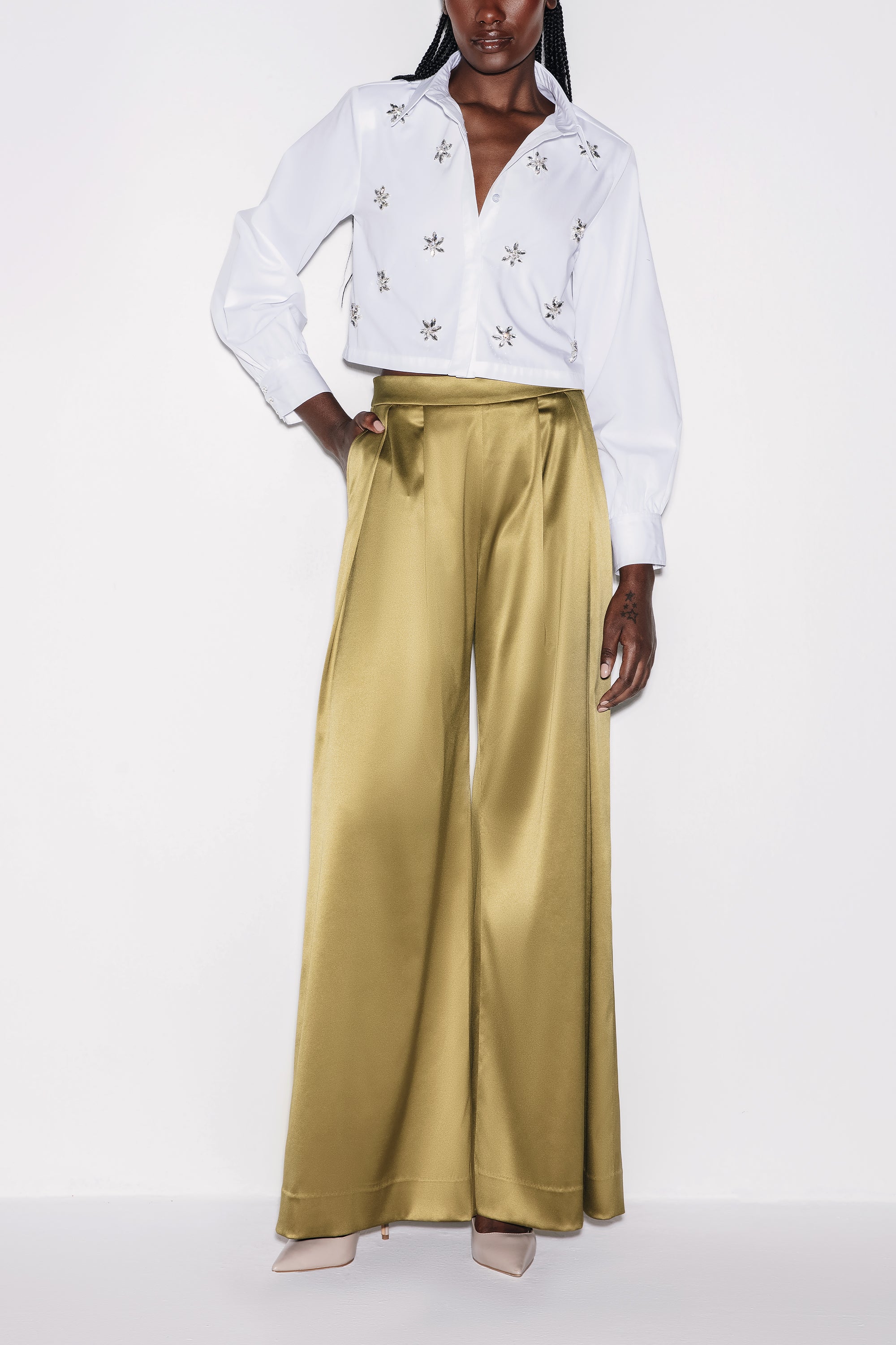 Olive Green Refined Satin High-Waisted Wide-Leg Trousers by Lili Blanc