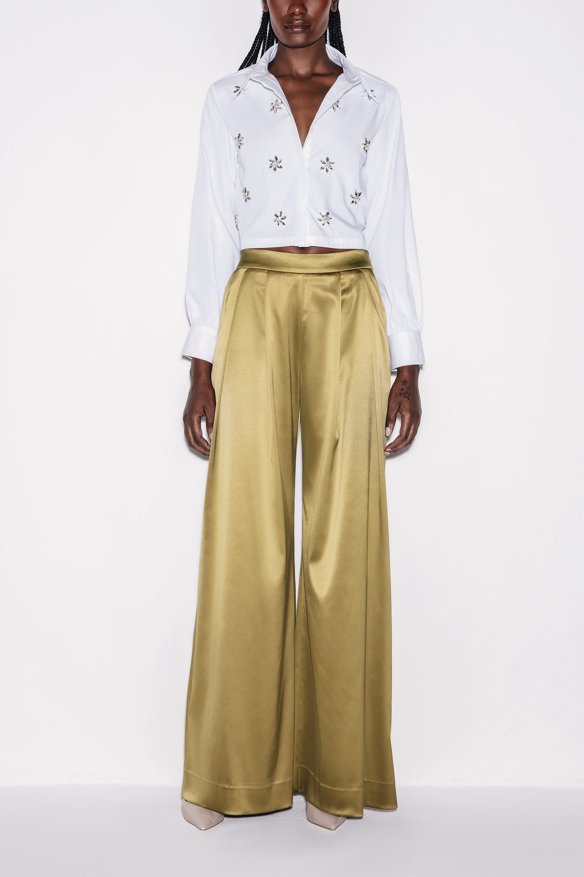 Olive Green Refined Satin High-Waisted Wide-Leg Trousers by Lili Blanc