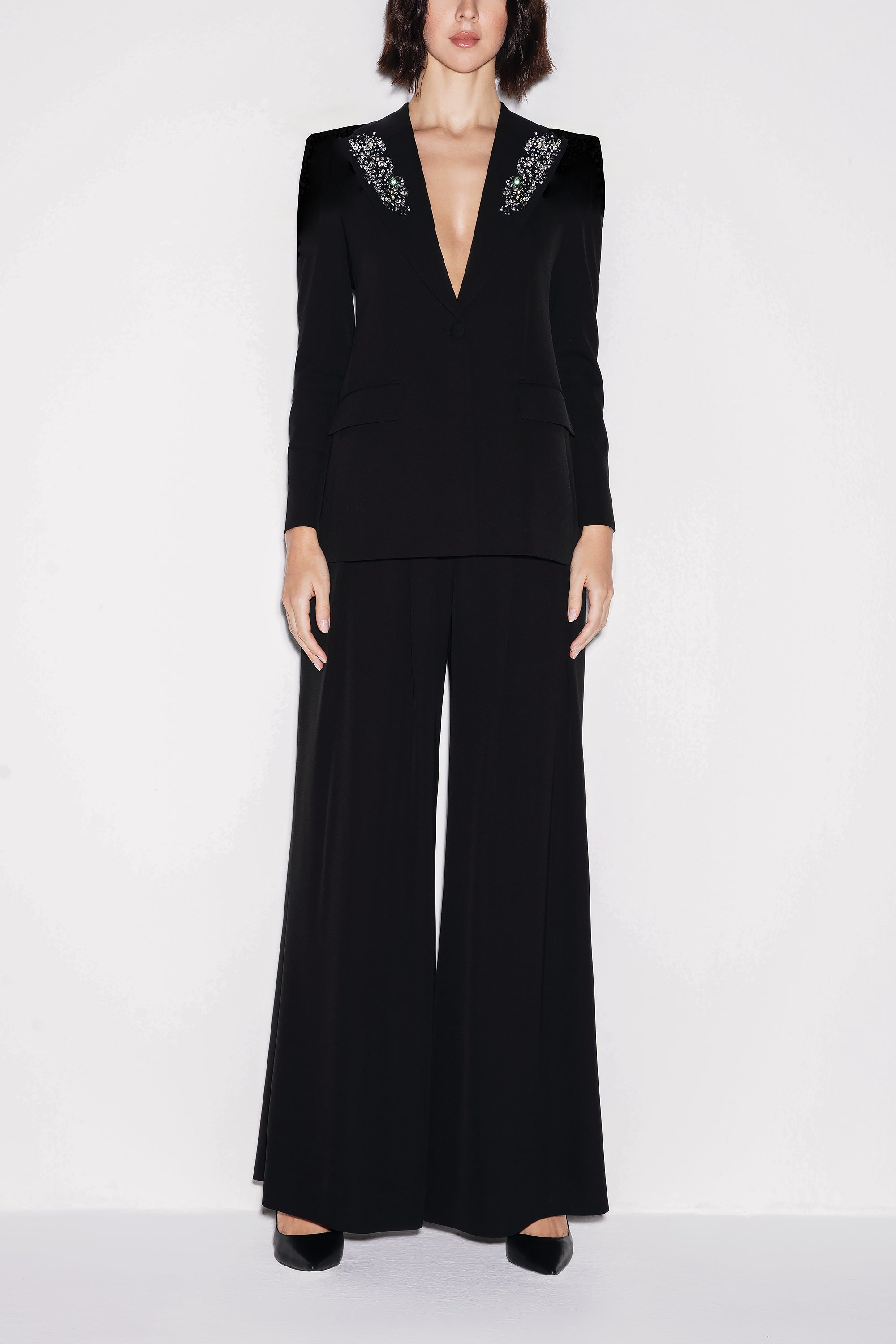 Black Regal Crepe Ensemble Fitted Blazer by Lili Blanc
