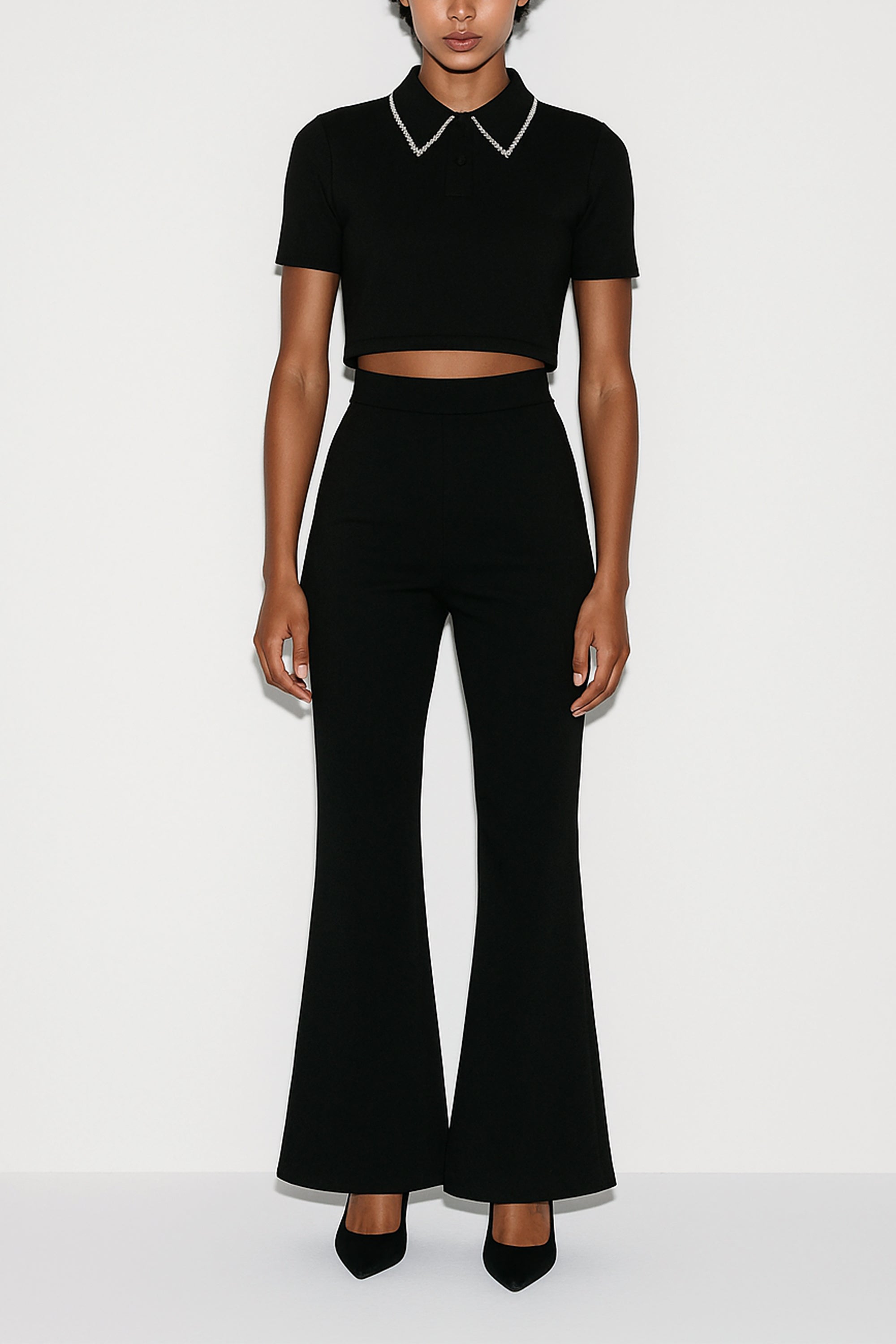 Black Glamorous Leisure Ensemble High-Waisted Flared Trousers by Lili Blanc