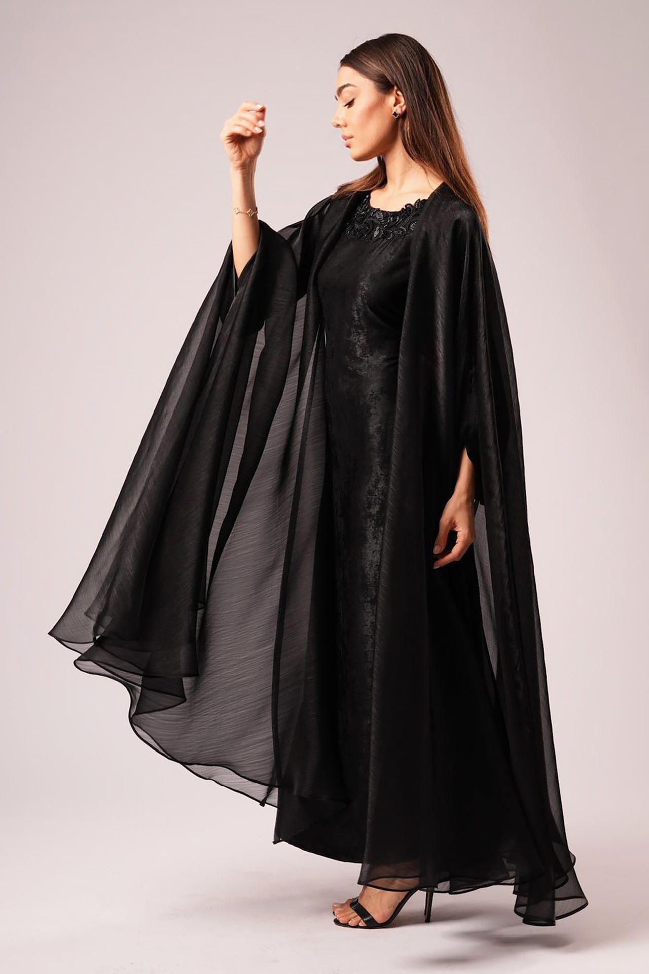 Black Cape Kaftan with Handmade Embroidery by Maison Arabelle