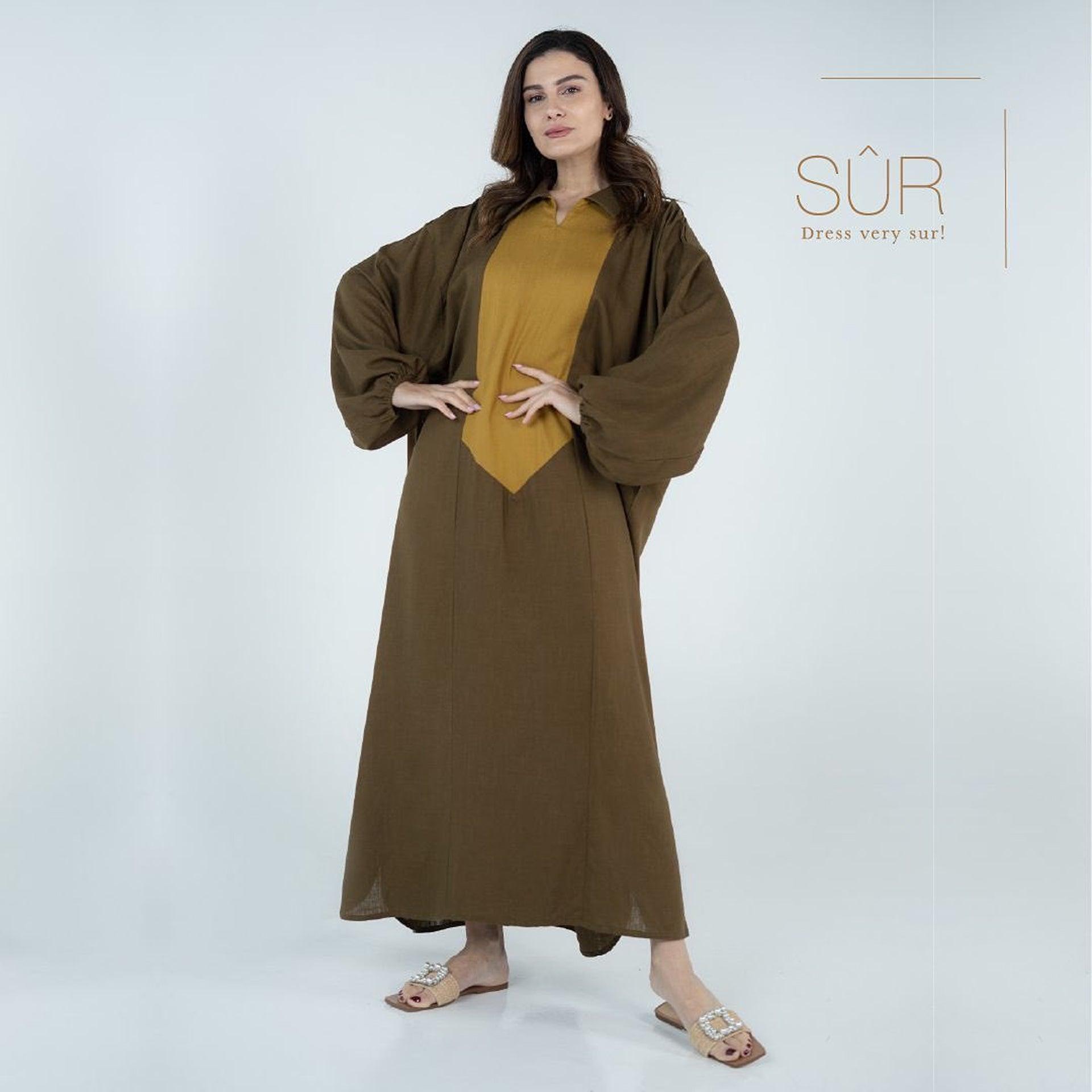 Mix Colors Collar Neck Linen Jalabiya With Lantern Sleeves By Sur - WECRE8