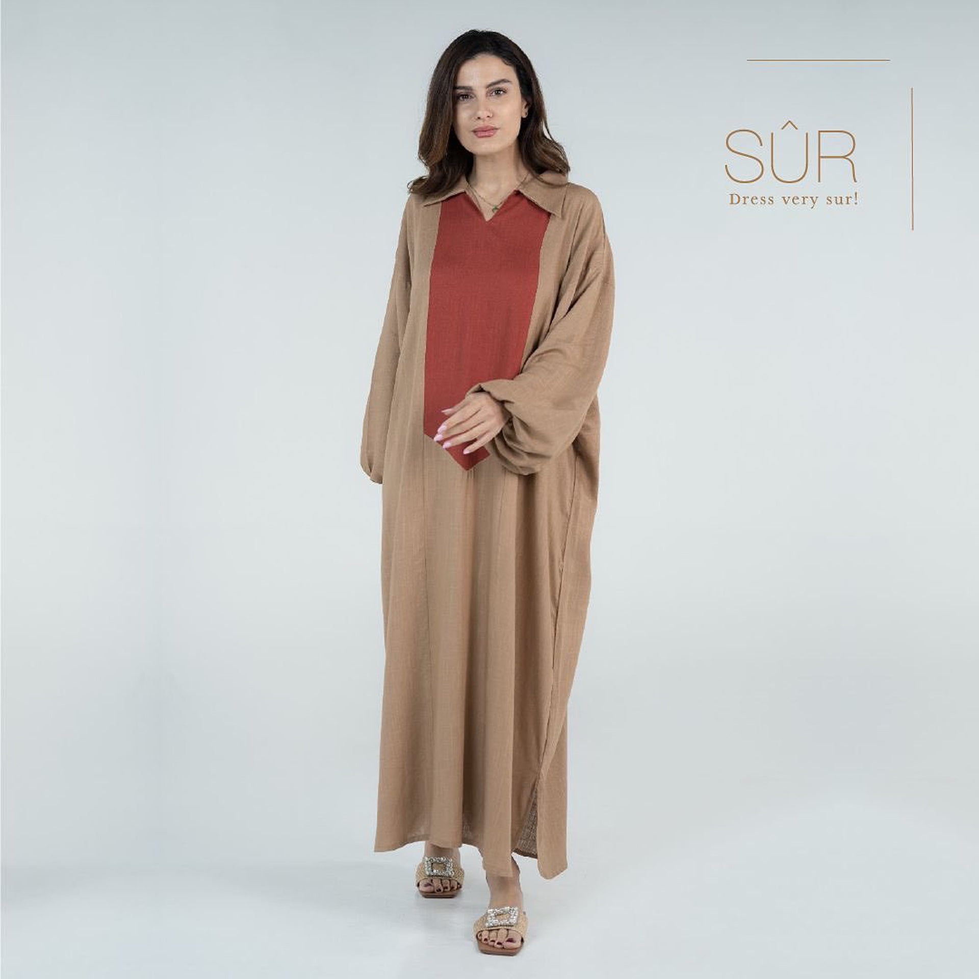 Mix Colors Collar Neck  Linen Jalabiya With Lantern Sleeves By Sur