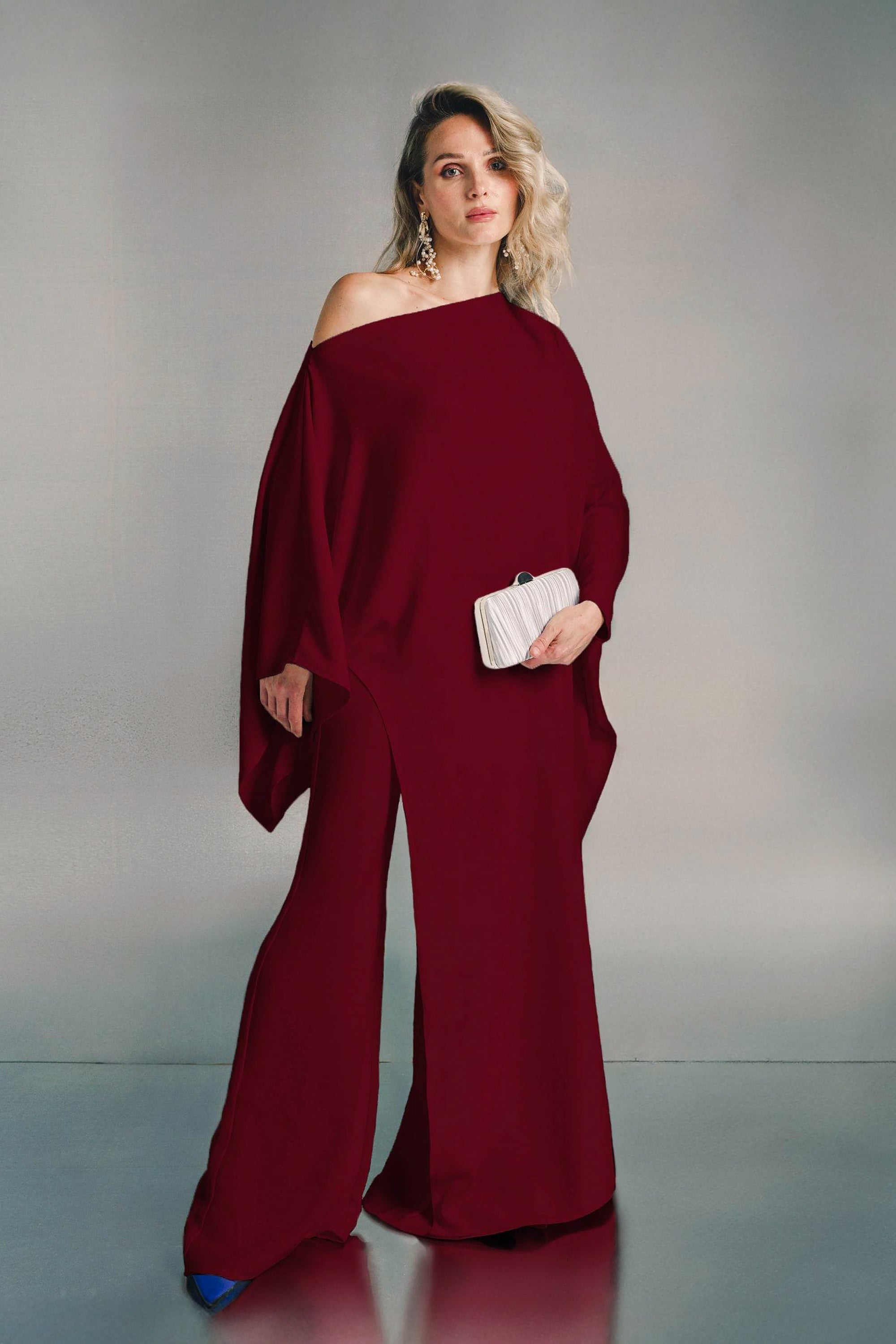 Red Caped Loose Neck Crepe Set by Moonmains