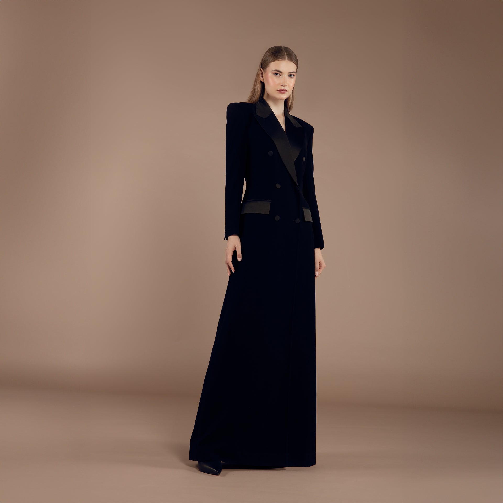 Radiant Elegance Crepe Long Coat Dress by Lili Blanc