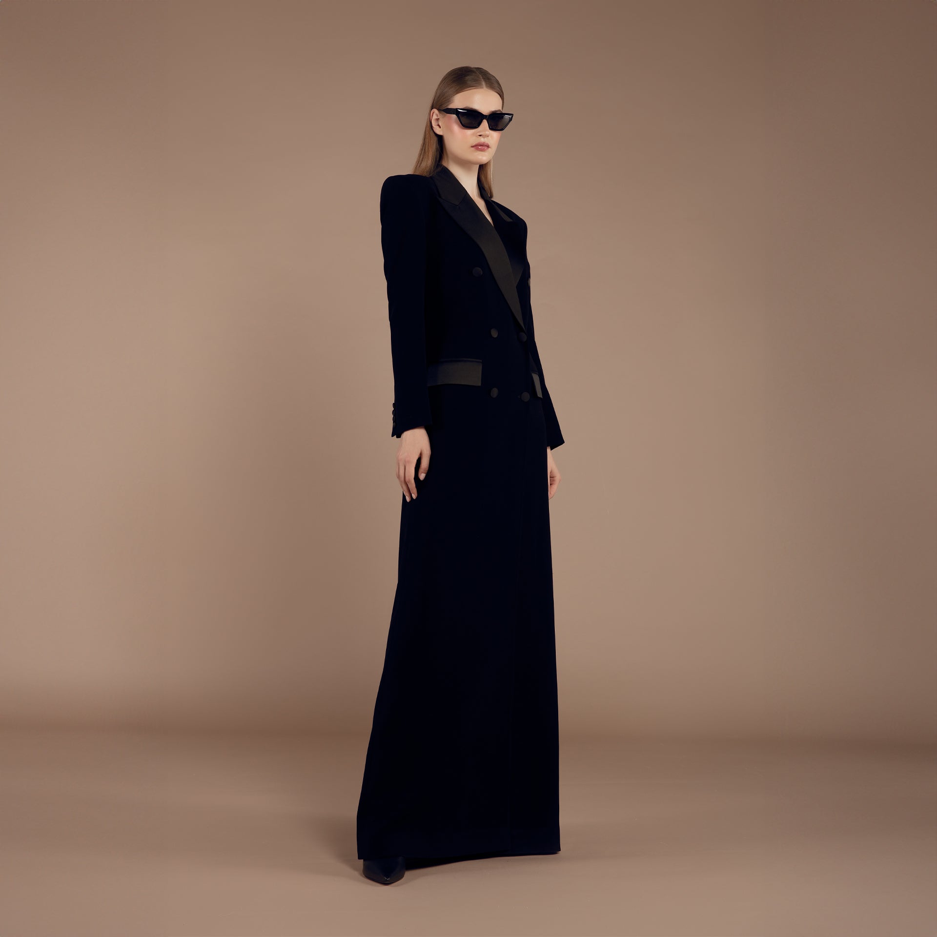 Radiant Elegance Crepe Long Coat Dress by Lili Blanc