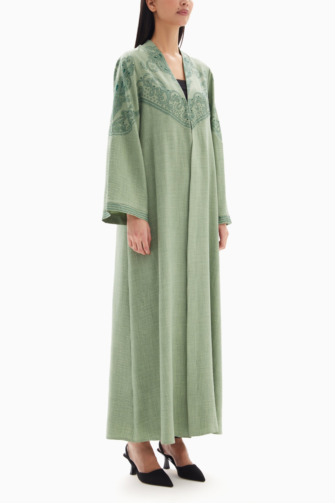 Sage Green Delicate Embroidered Abaya By WECRE8