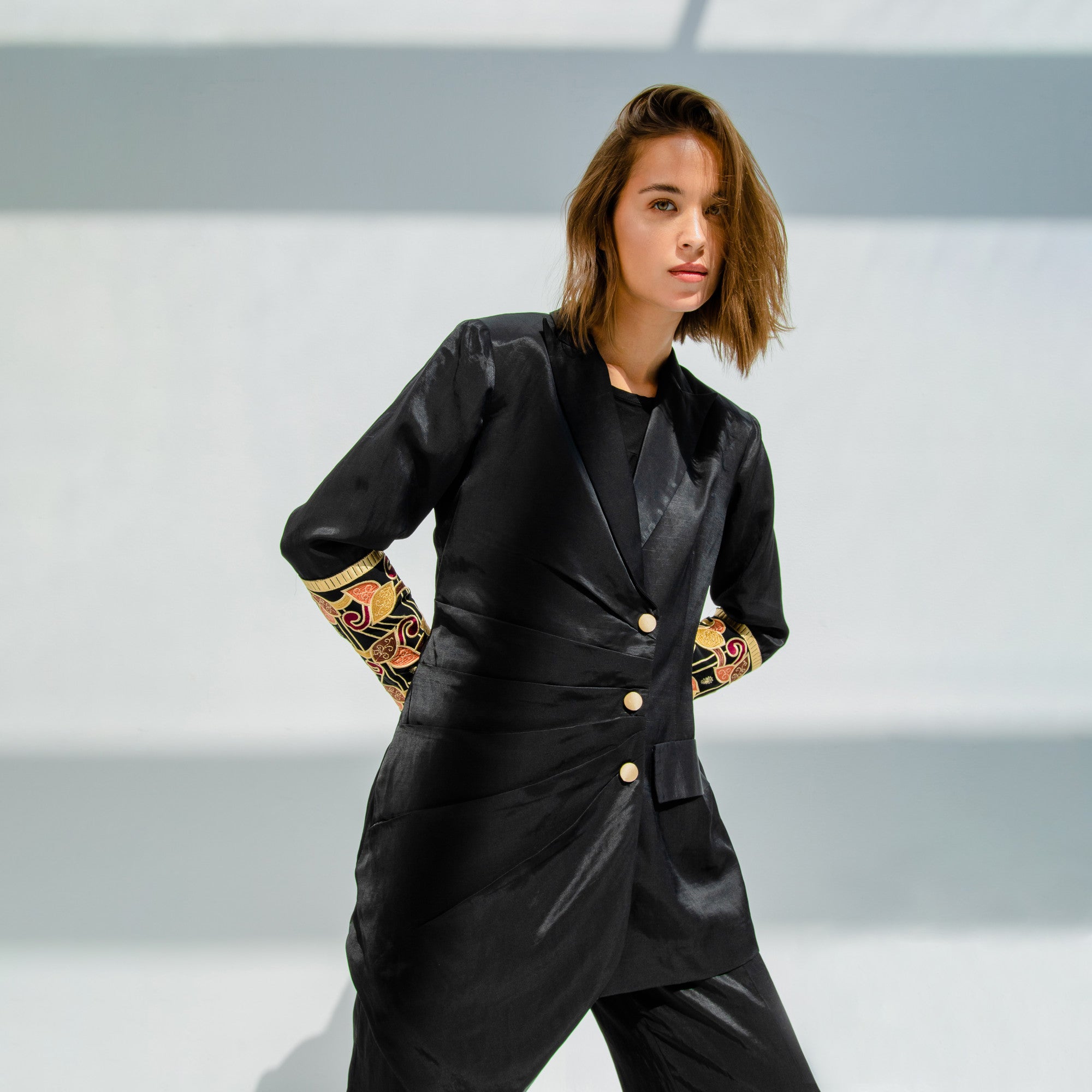 Hojiblanca Black Linen Asymmetric Blazer with Sleeve Embroidery & Wide Leg Trouser by Lara Ali