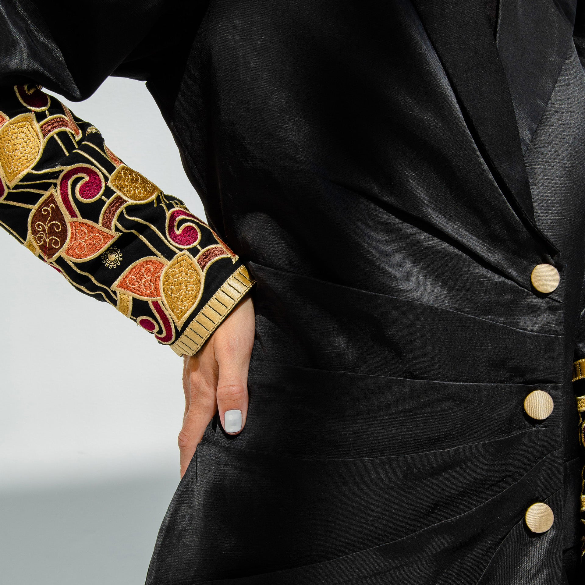 Hojiblanca Black Linen Asymmetric Blazer with Sleeve Embroidery & Wide Leg Trouser by Lara Ali
