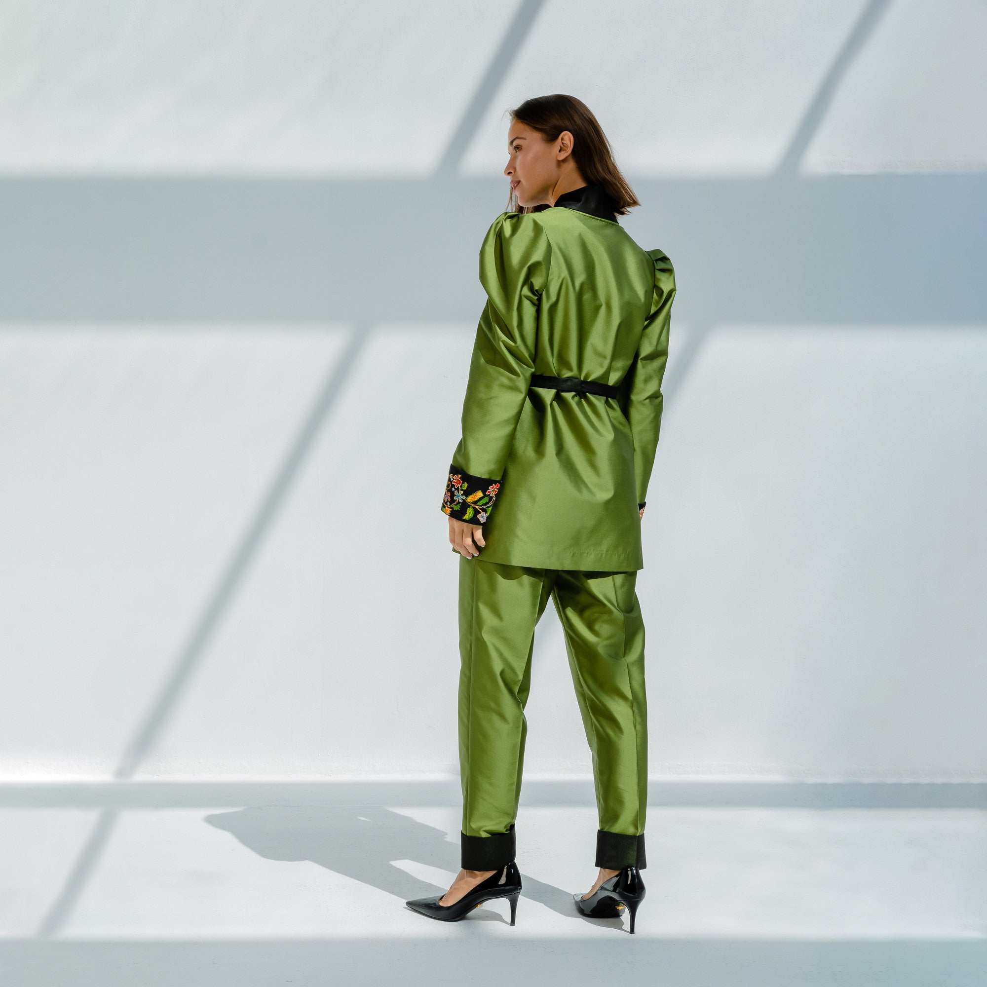Picual Olive Green Puffy Sleeves Satin Taffeta Jacket Paired with Trouser  by Lara Ali