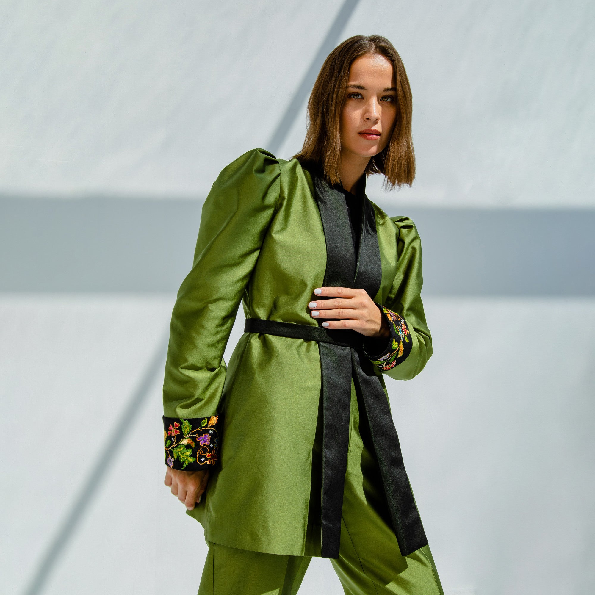 Picual Olive Green Puffy Sleeves Satin Taffeta Jacket Paired with Trouser  by Lara Ali