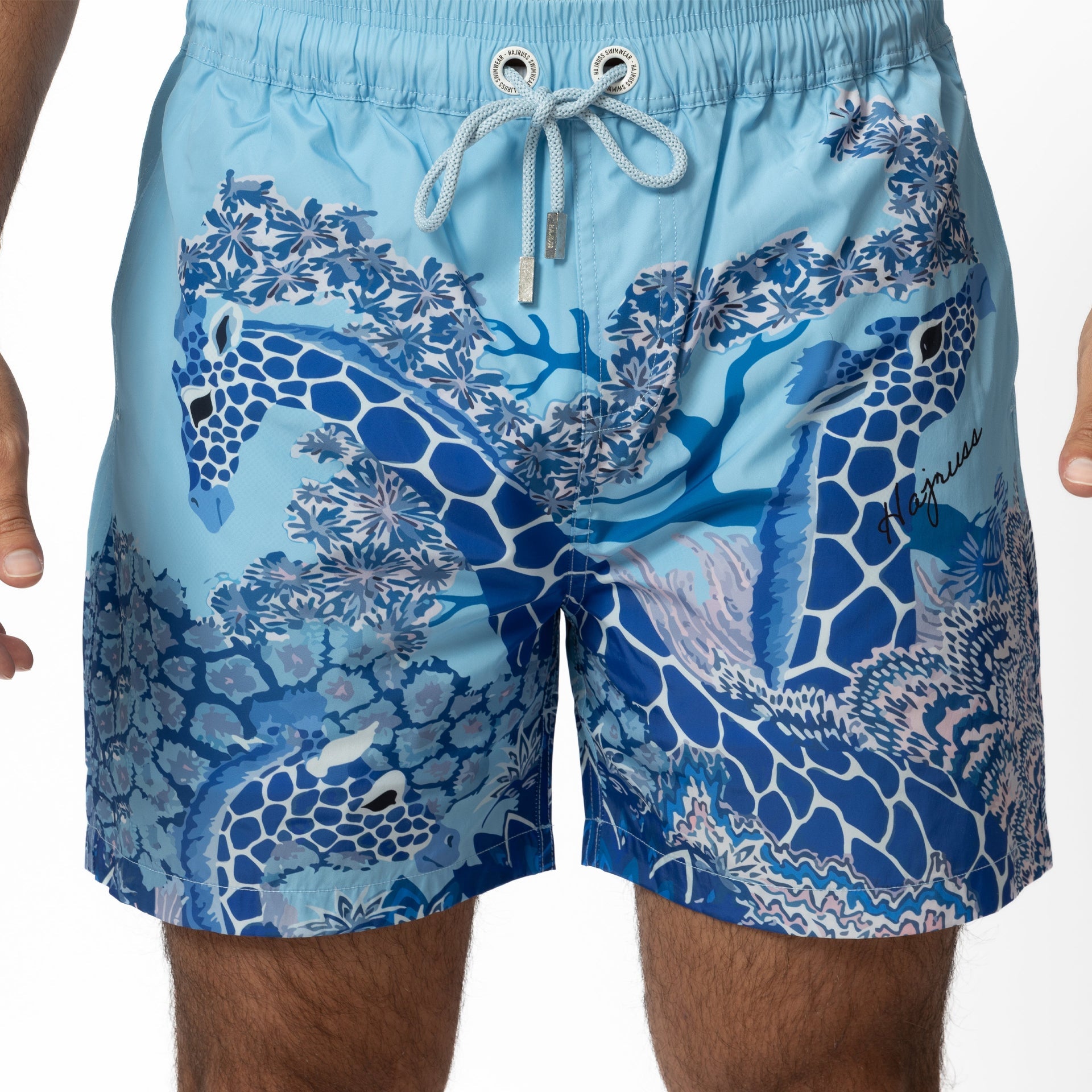 Light Blue Jungle Giraffe Swim Shorts By Hajruss