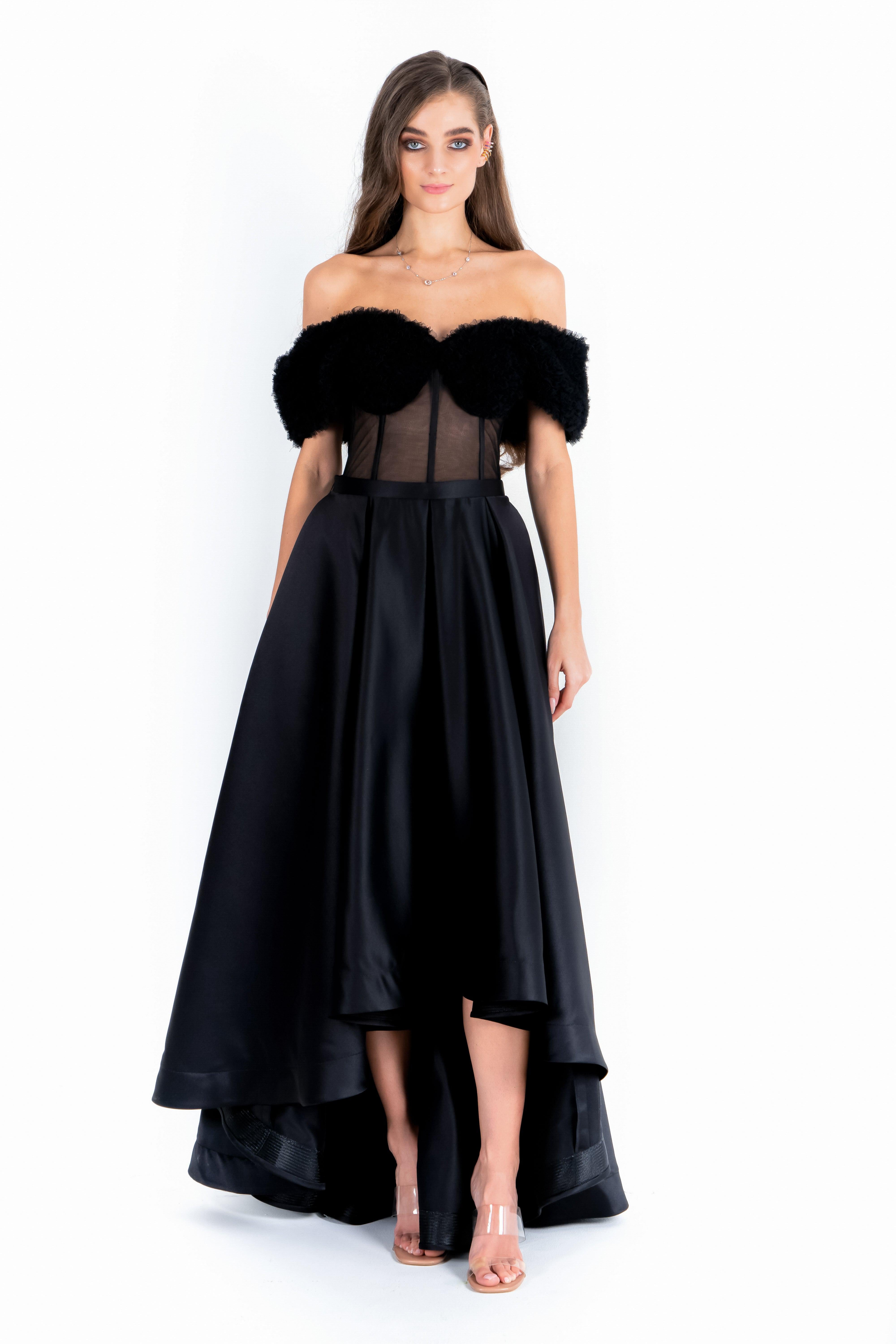 Black Sheering Off Shoulder Gown With Satin Skirt By AAVVA