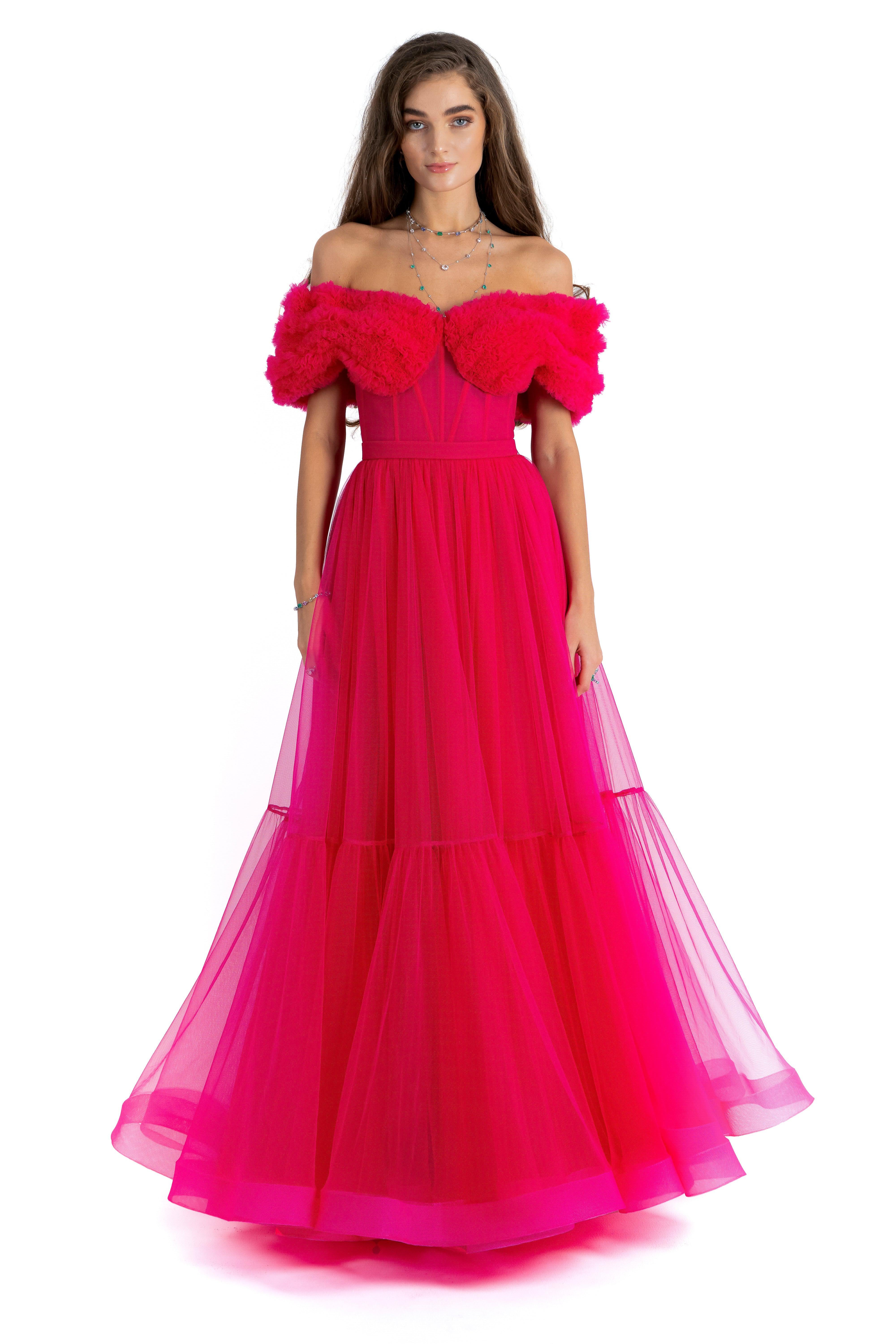Fuchsia Sheering Off Shoulder Tulle Gown By AAVVA