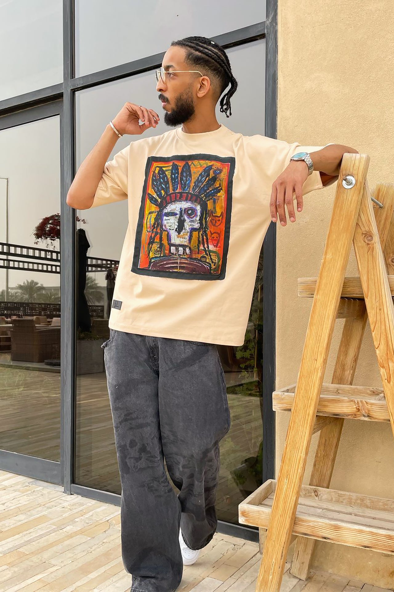 Unisex Beige Skull Printed T-shirt by Pavone Line