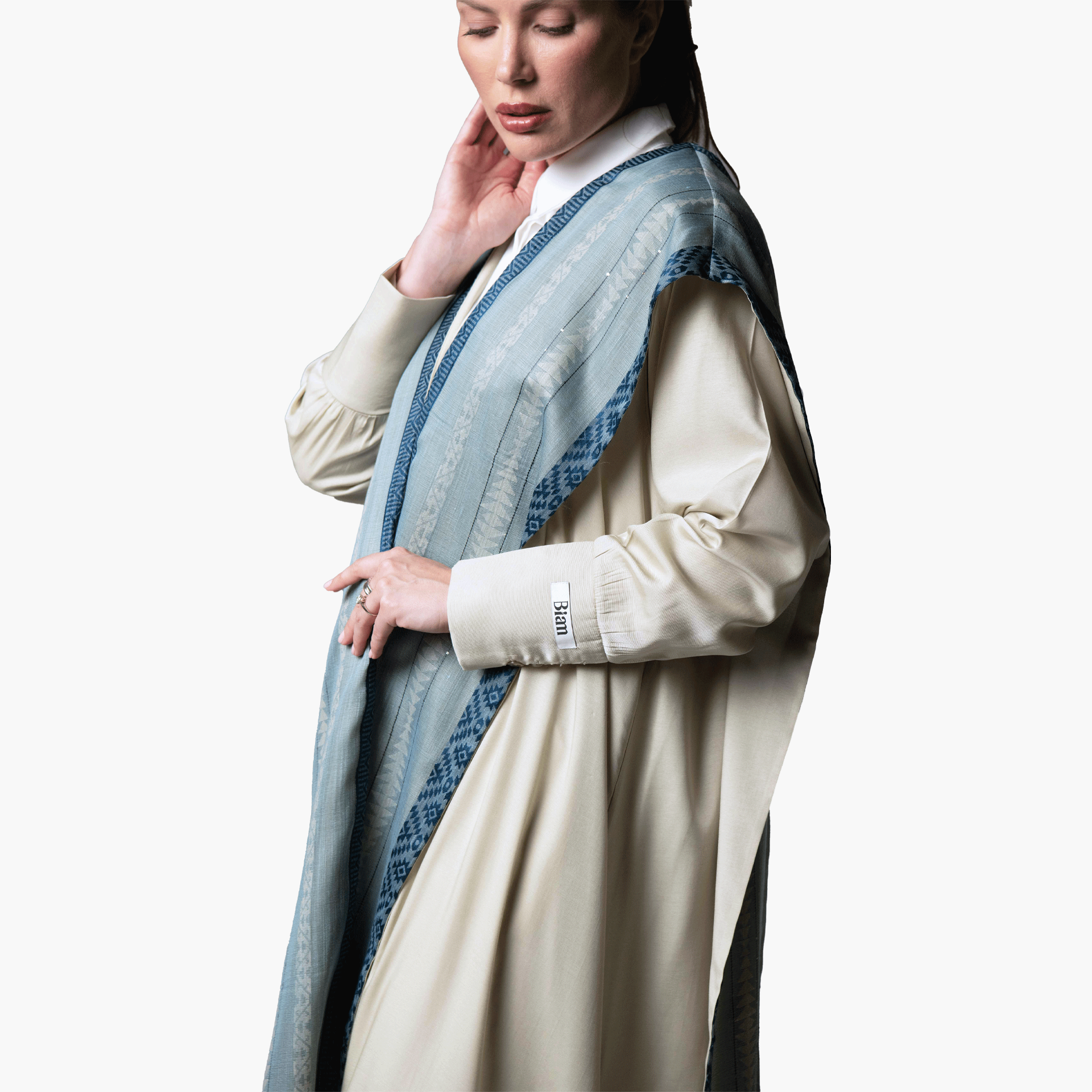 Beige with Blue Embroidery Abaya - Biam Abaya