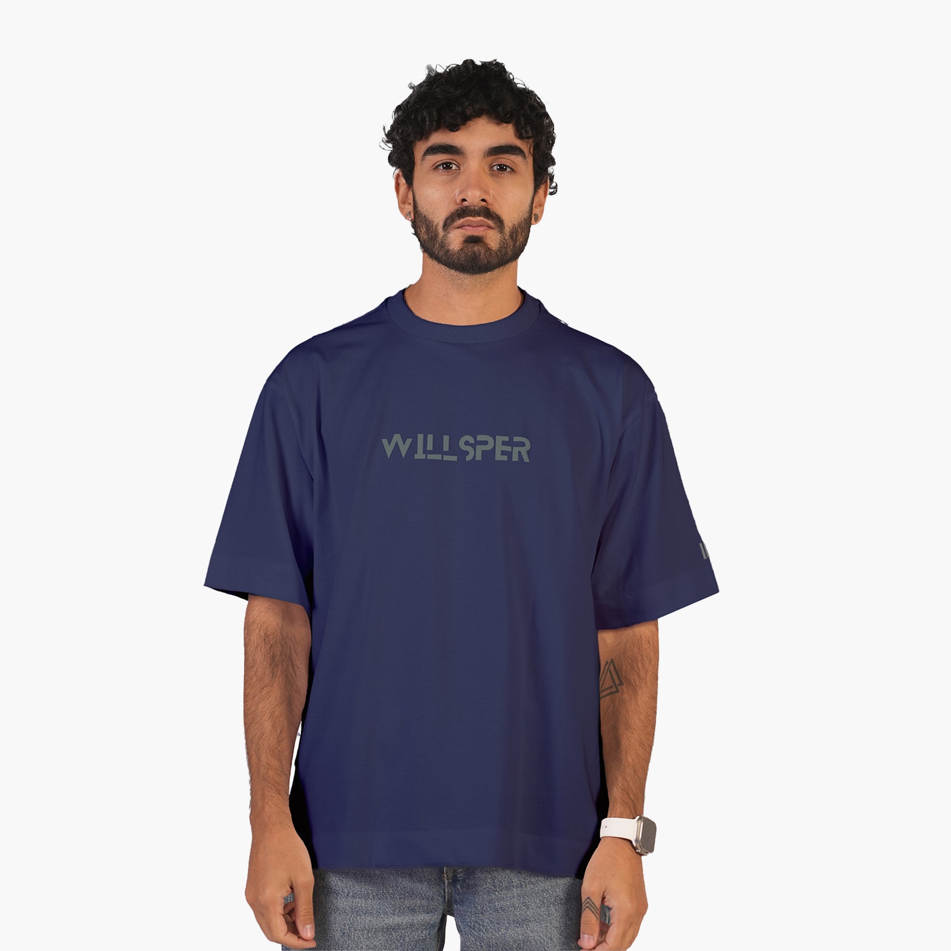 Unisex Navy Blue Classical Subtle Logo Oversized T-shirt - WiLLSPER