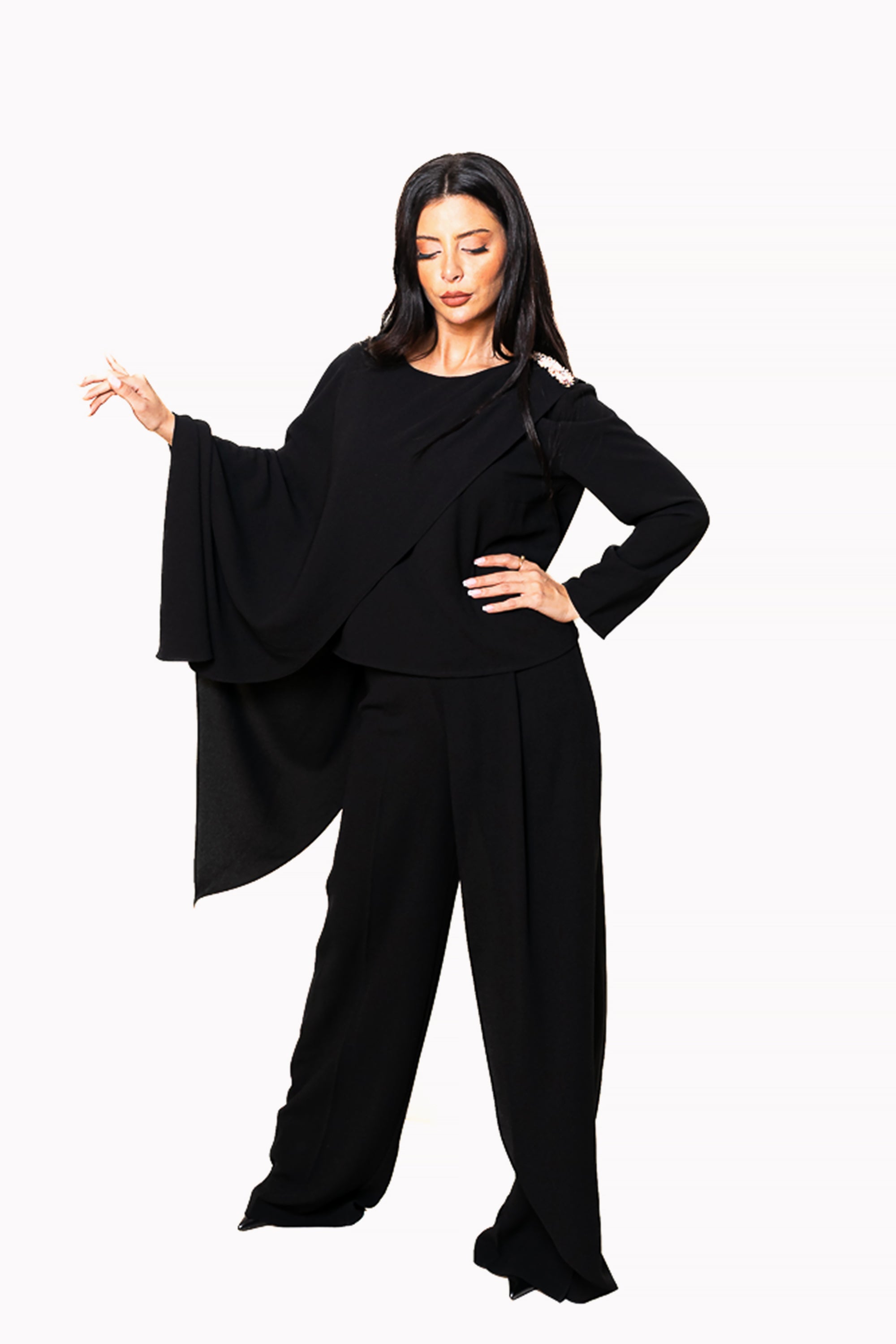 Black Two-Piece Set of Asymmetrical Blouse and Pants by The Embroidered Corner
