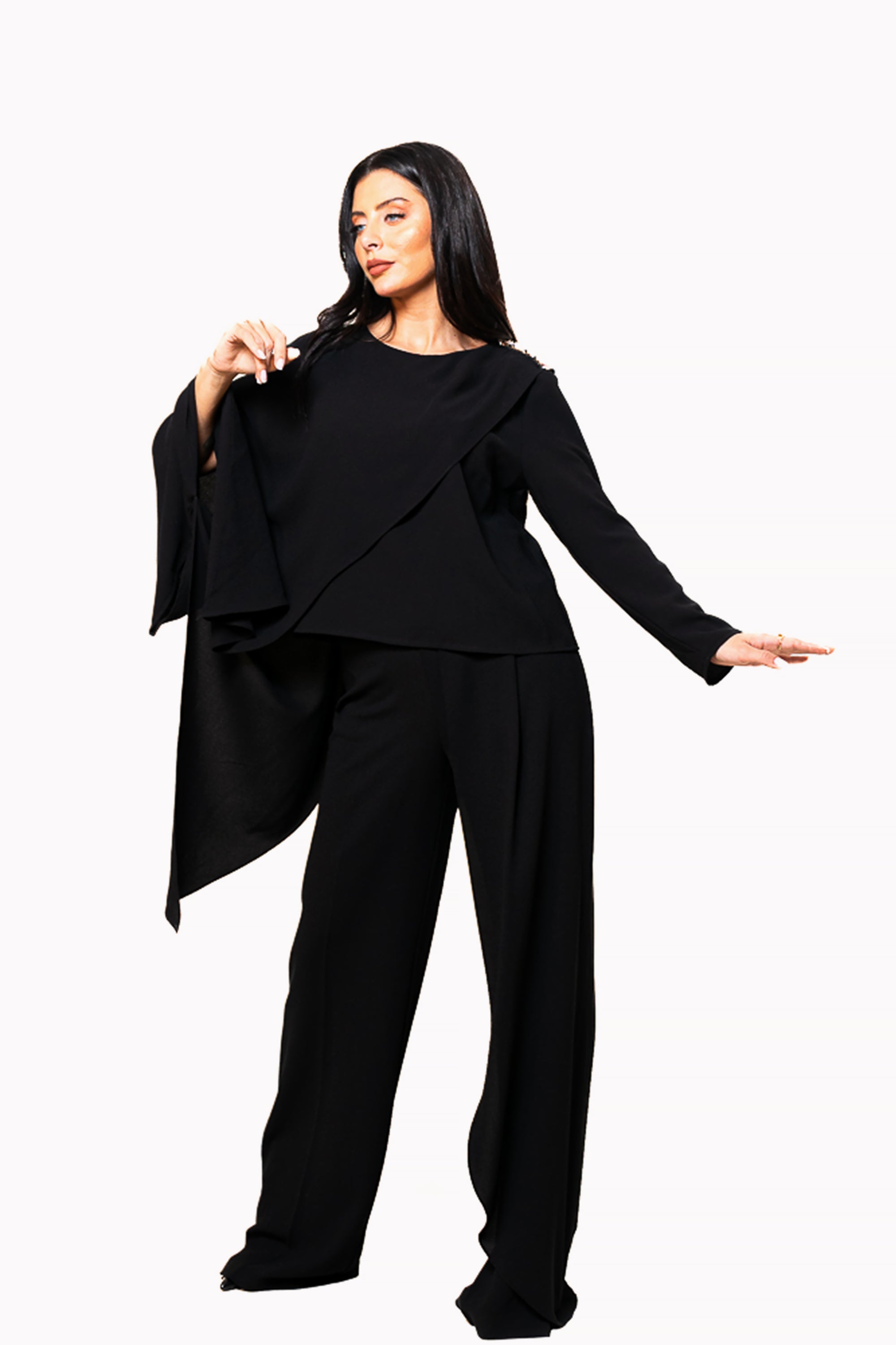 Black Two-Piece Set of Asymmetrical Blouse and Pants by The Embroidered Corner